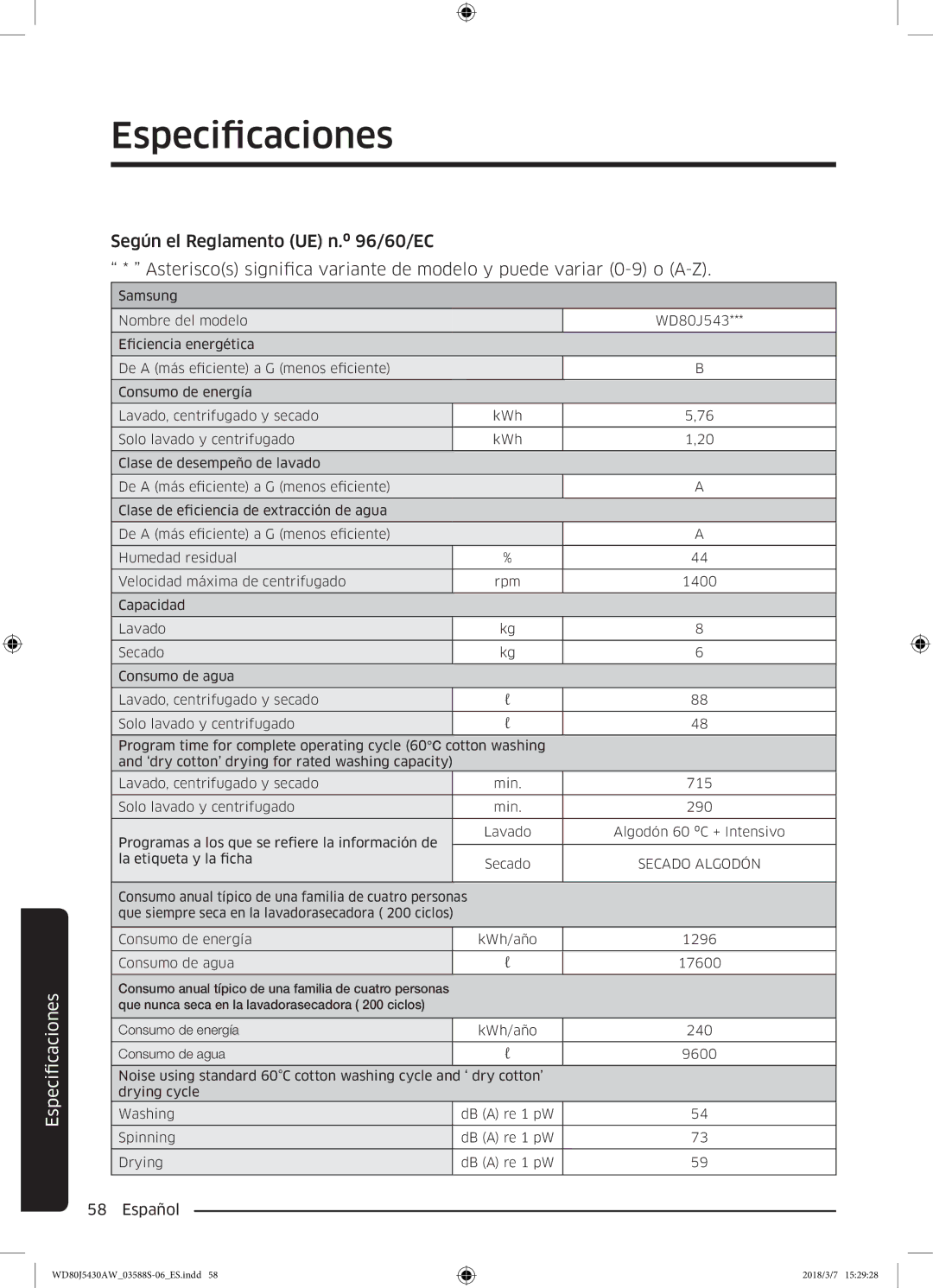 Samsung WD80J5430AW/EC manual Secado Algodón 