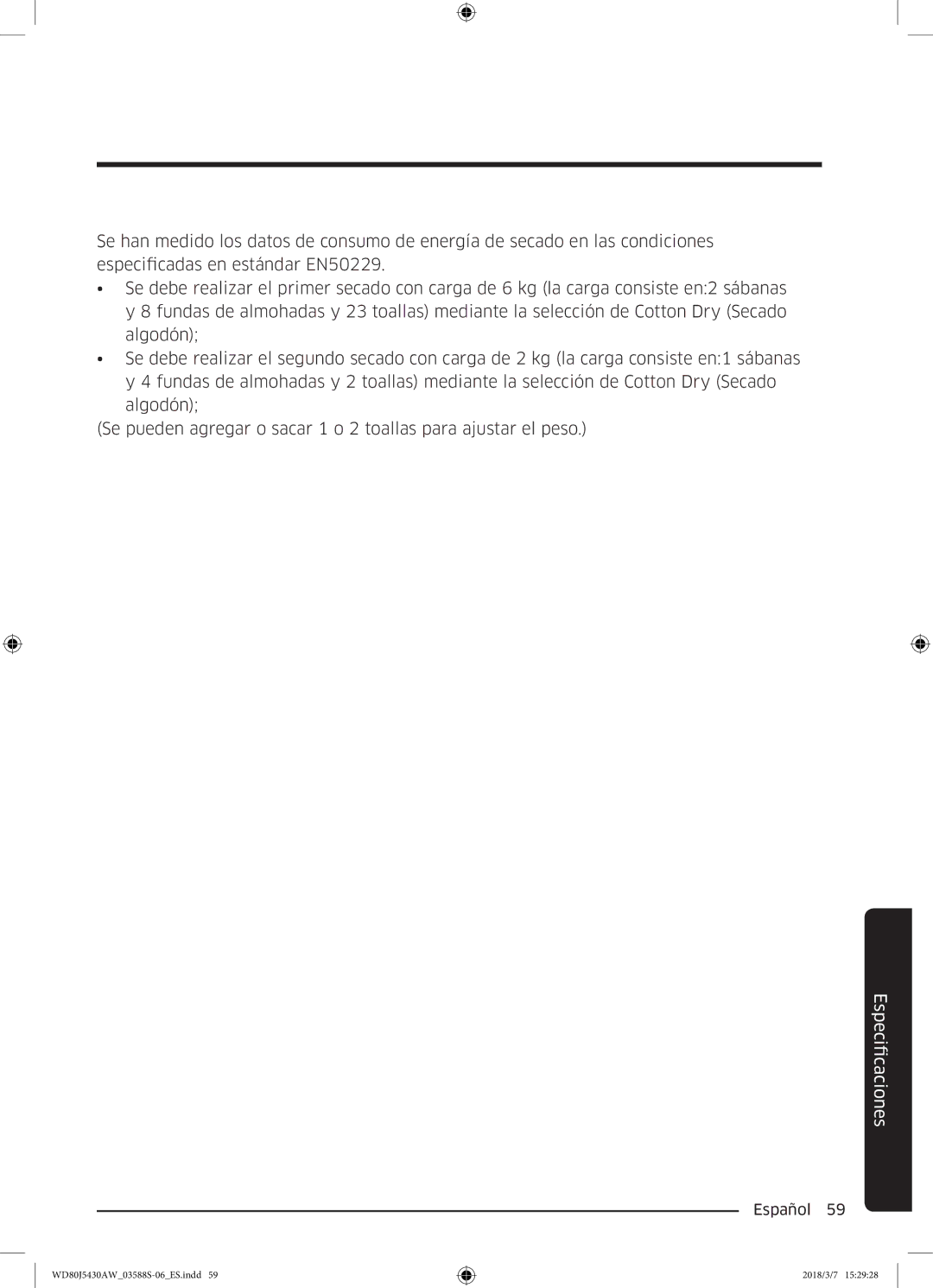 Samsung WD80J5430AW/EC manual FicacionesEspeci 