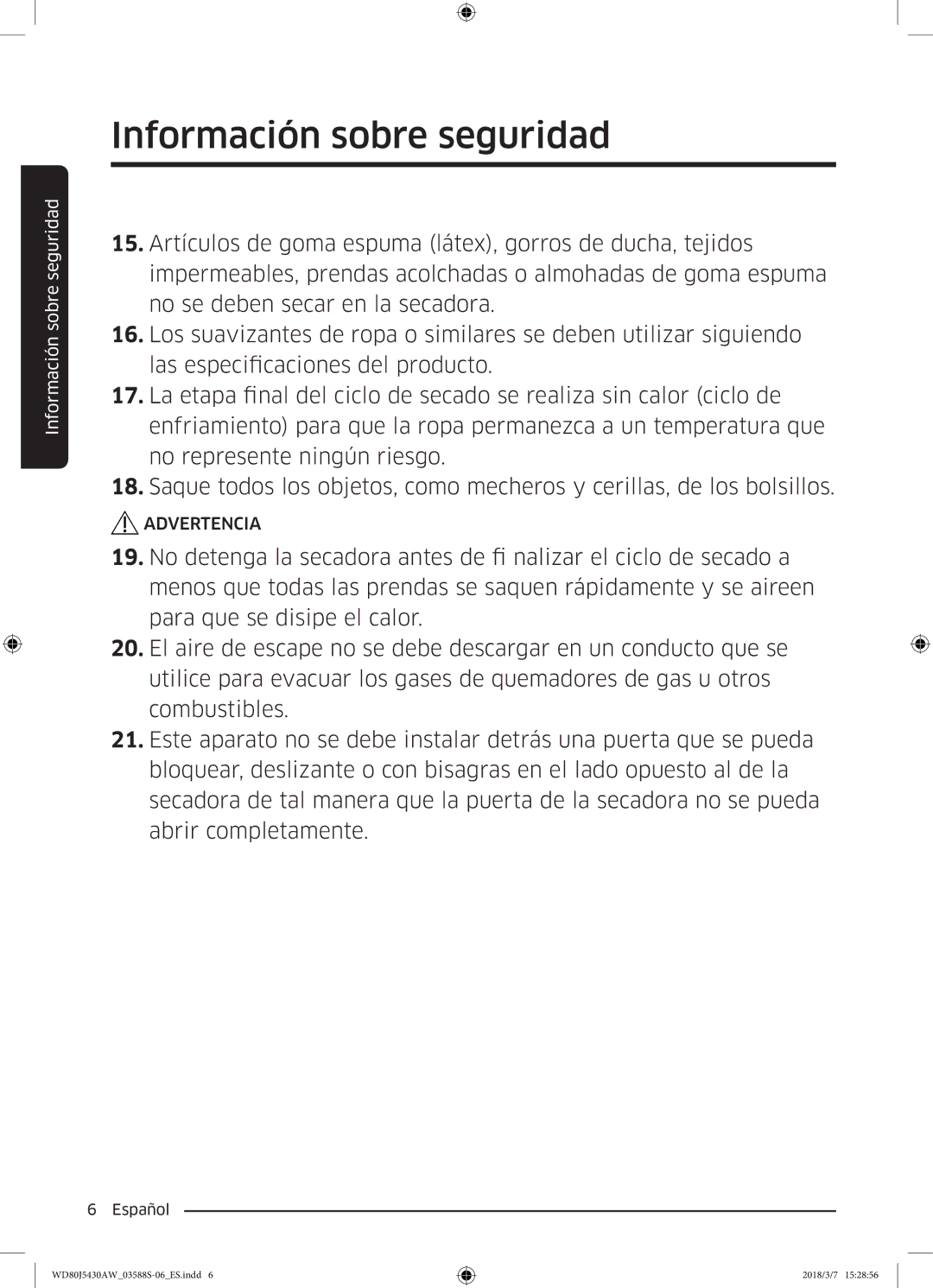 Samsung WD80J5430AW/EC manual Información sobre seguridad 