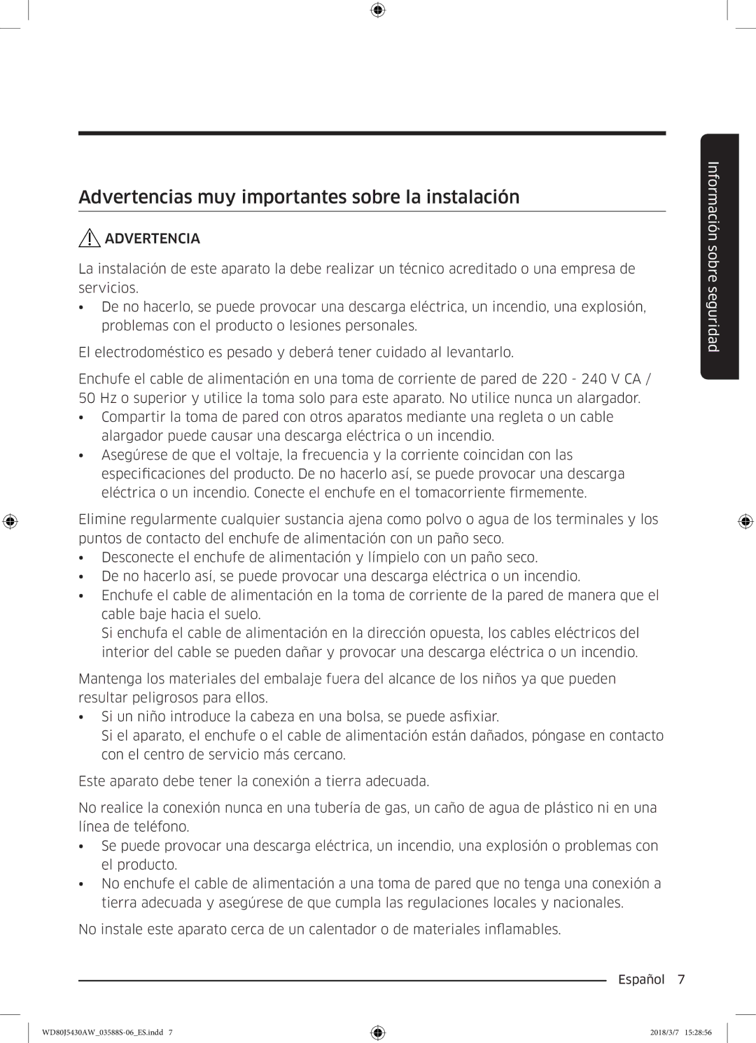 Samsung WD80J5430AW/EC manual Advertencias muy importantes sobre la instalación 