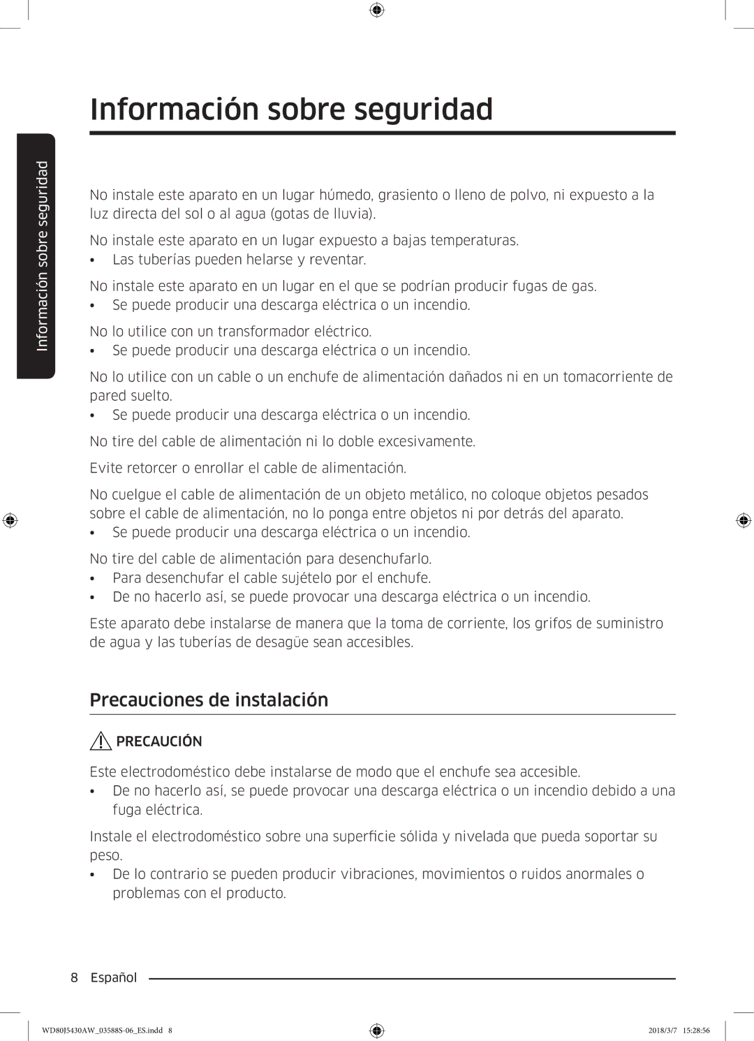 Samsung WD80J5430AW/EC manual Precauciones de instalación 