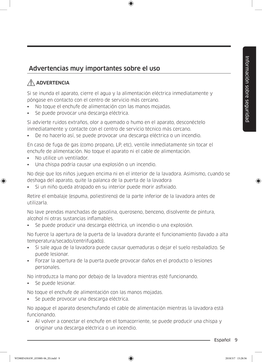 Samsung WD80J5430AW/EC manual Advertencias muy importantes sobre el uso 