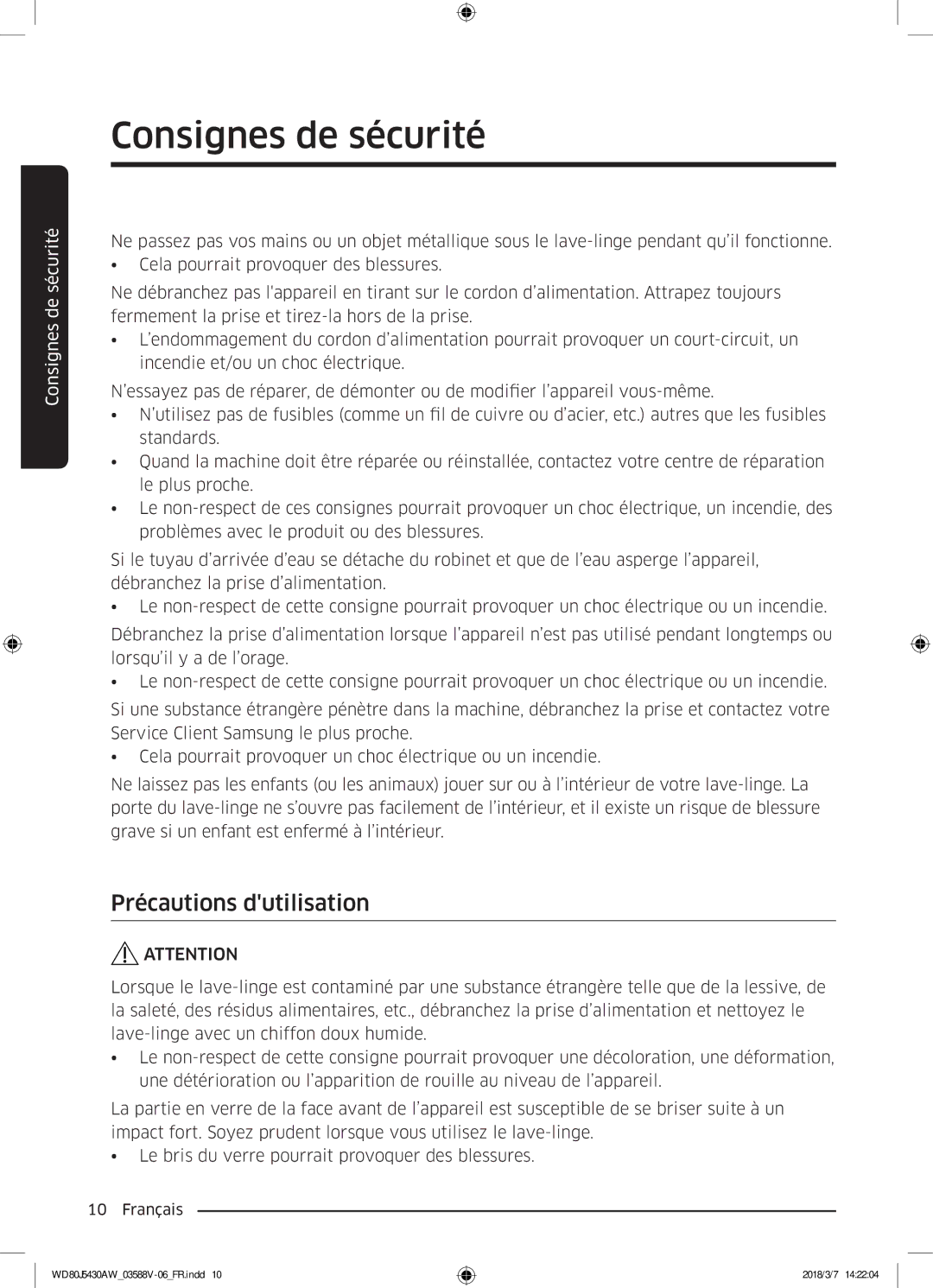 Samsung WD80J5430AW/EF manual Précautions dutilisation 