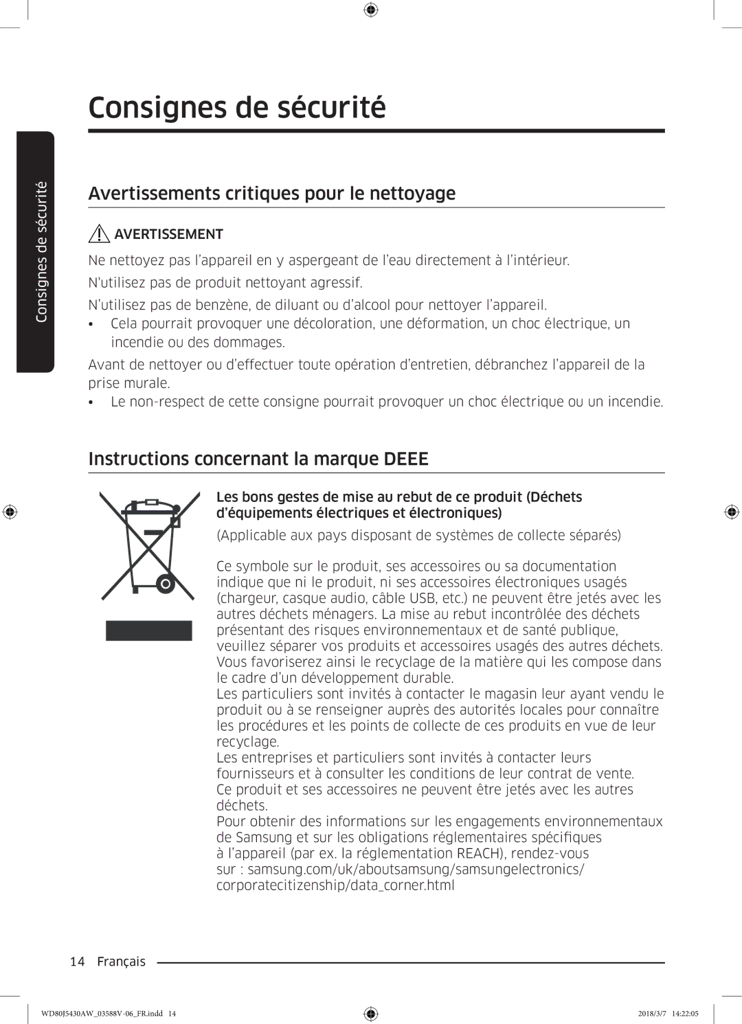 Samsung WD80J5430AW/EF manual Avertissements critiques pour le nettoyage, Instructions concernant la marque Deee 