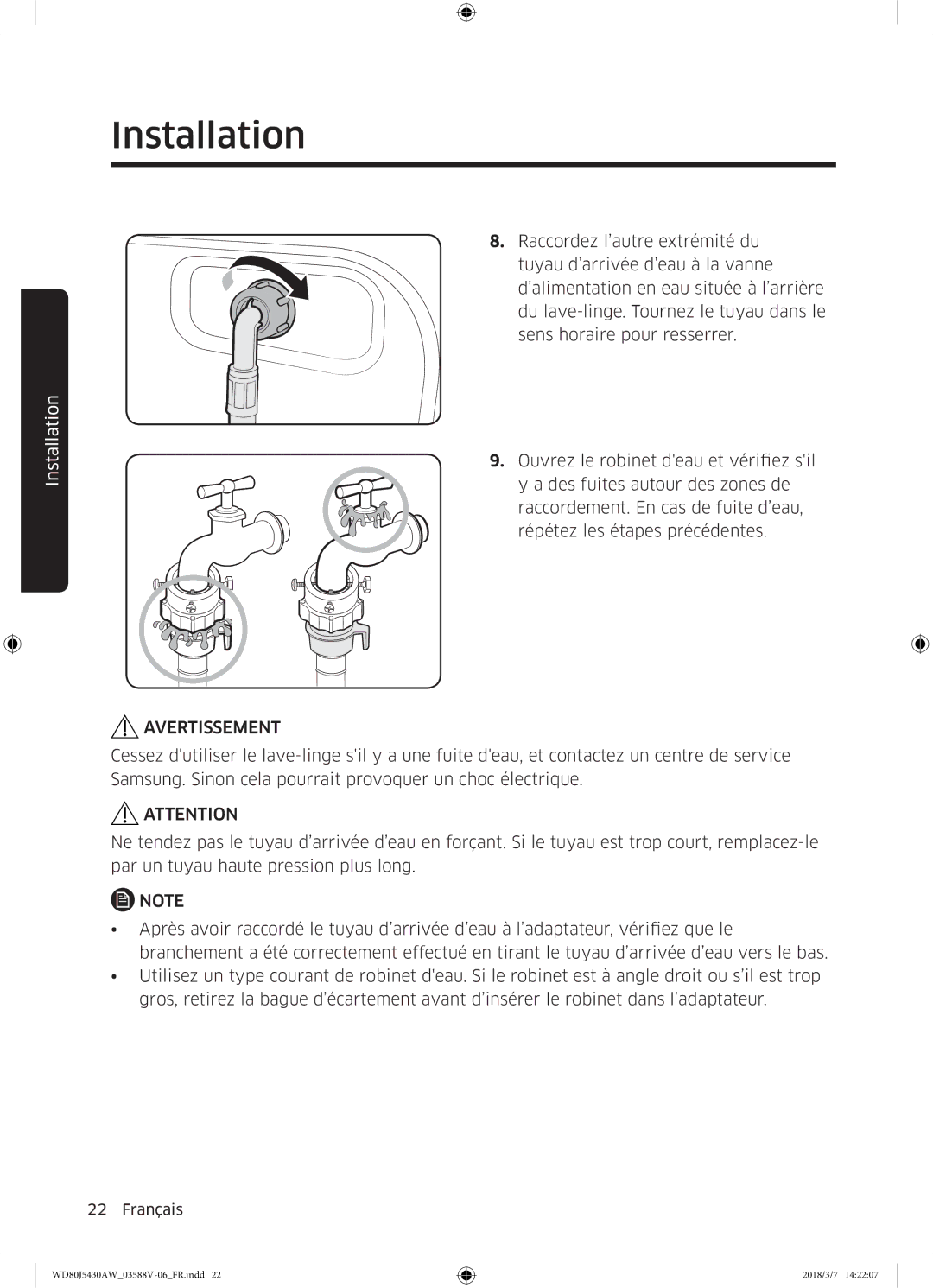 Samsung WD80J5430AW/EF manual Avertissement 