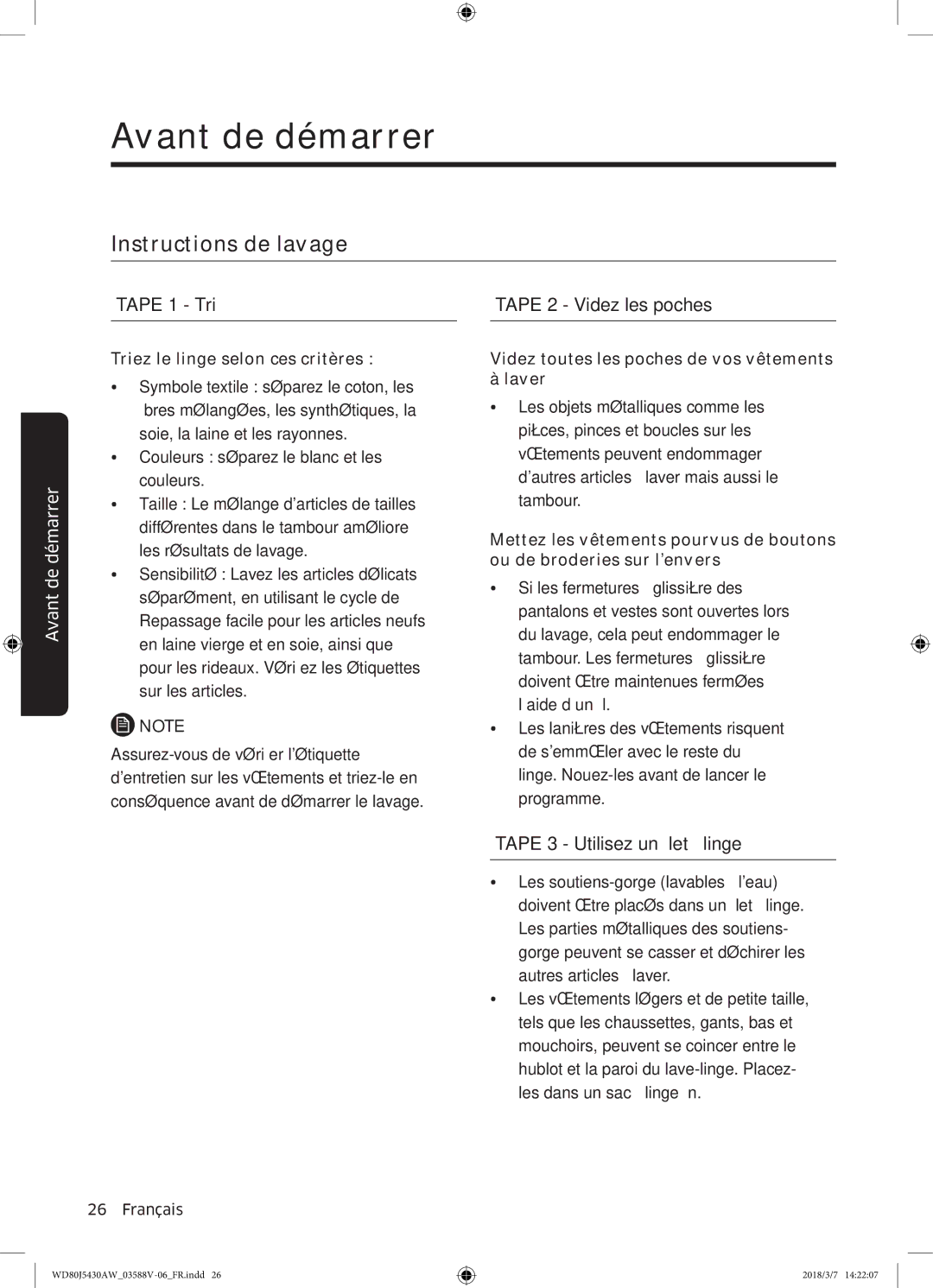 Samsung WD80J5430AW/EF manual Instructions de lavage, Étape 1 Tri 