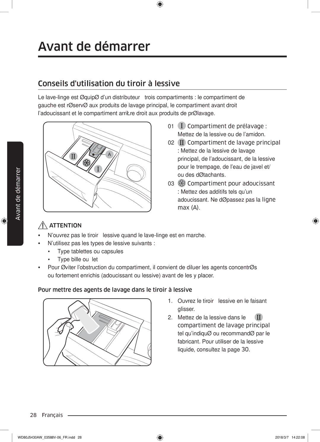 Samsung WD80J5430AW/EF manual Conseils dutilisation du tiroir à lessive 