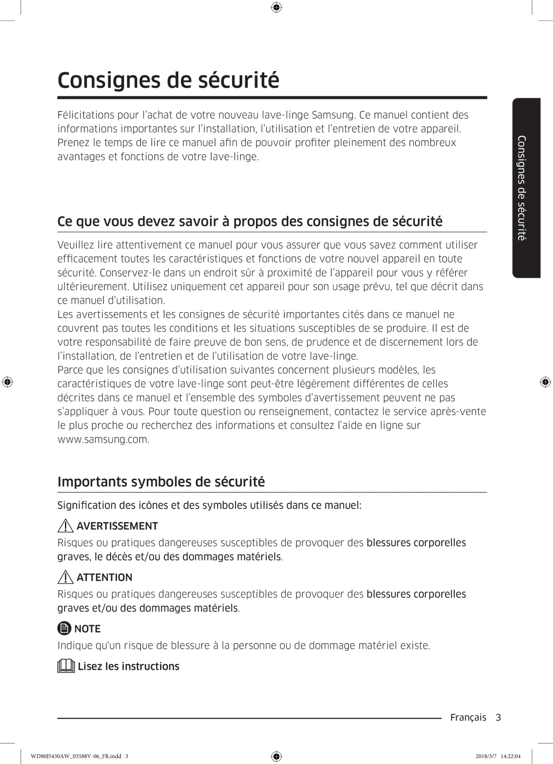 Samsung WD80J5430AW/EF manual Consignes de sécurité, Ce que vous devez savoir à propos des consignes de sécurité 