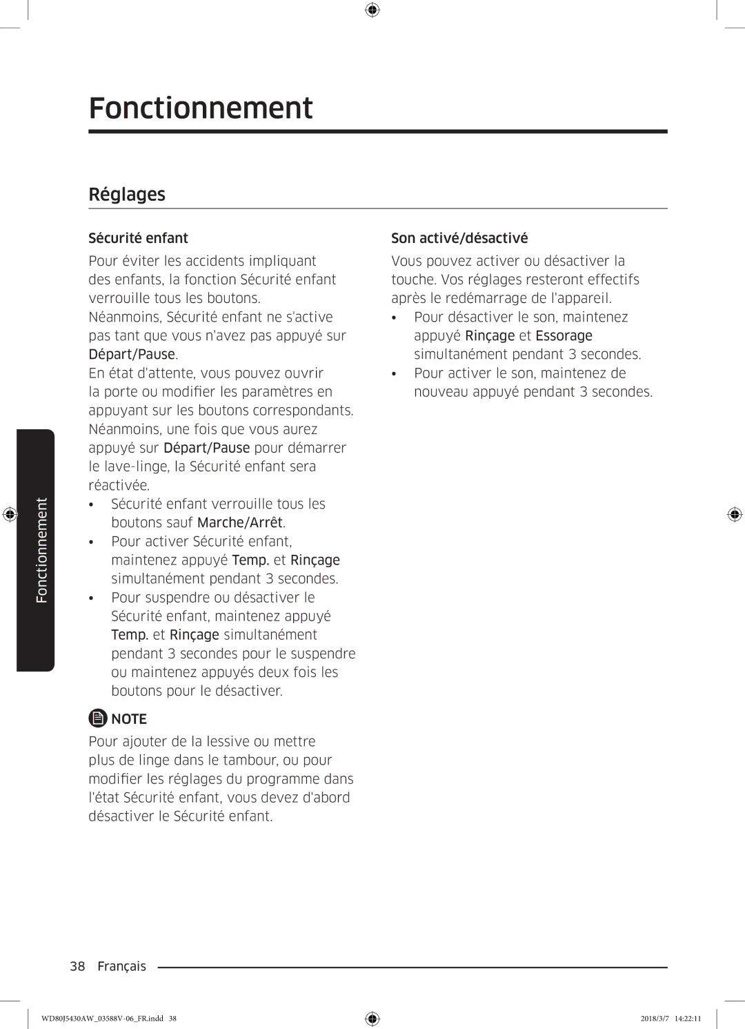 Samsung WD80J5430AW/EF manual Réglages 