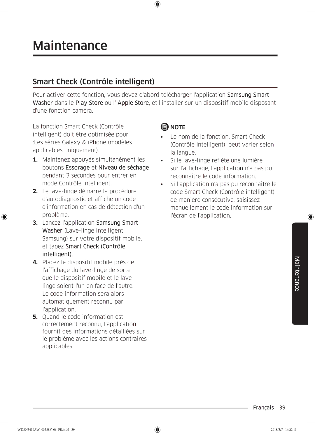 Samsung WD80J5430AW/EF manual Maintenance, Smart Check Contrôle intelligent 