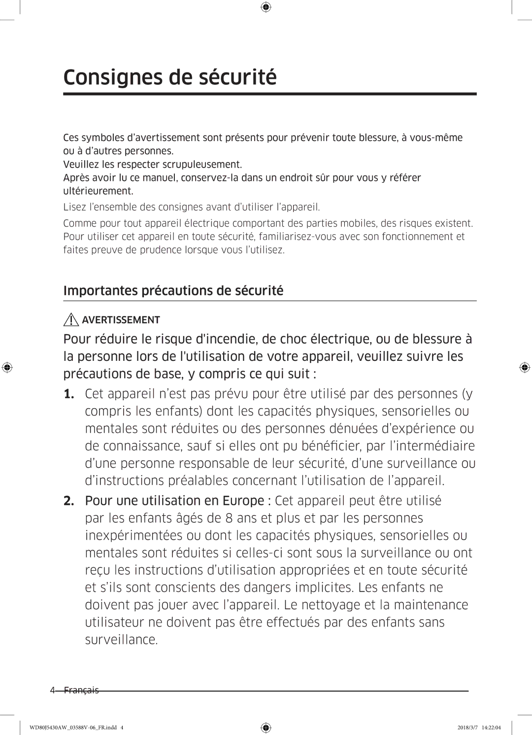 Samsung WD80J5430AW/EF manual Importantes précautions de sécurité 