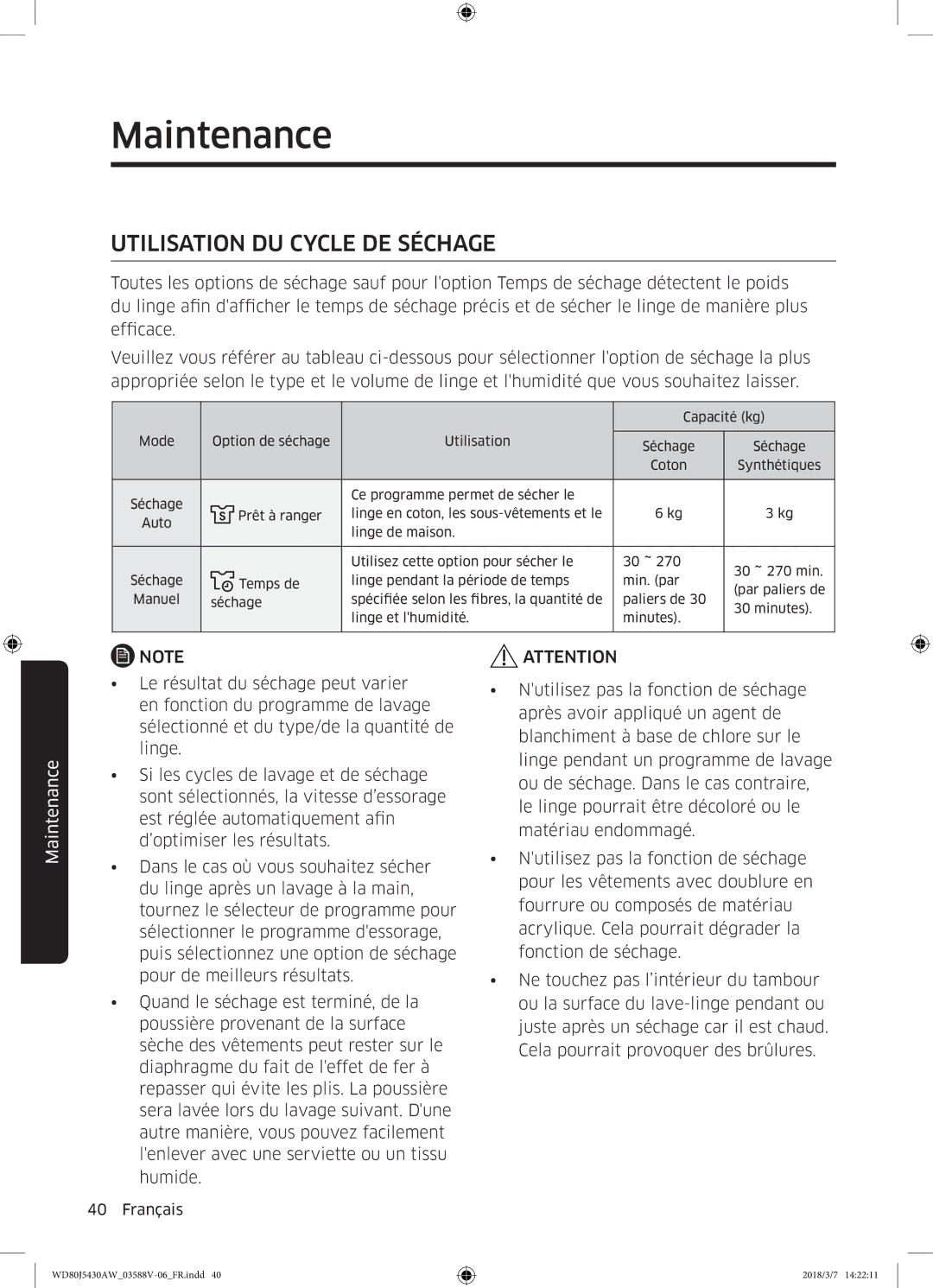 Samsung WD80J5430AW/EF manual Utilisation DU Cycle DE Séchage 