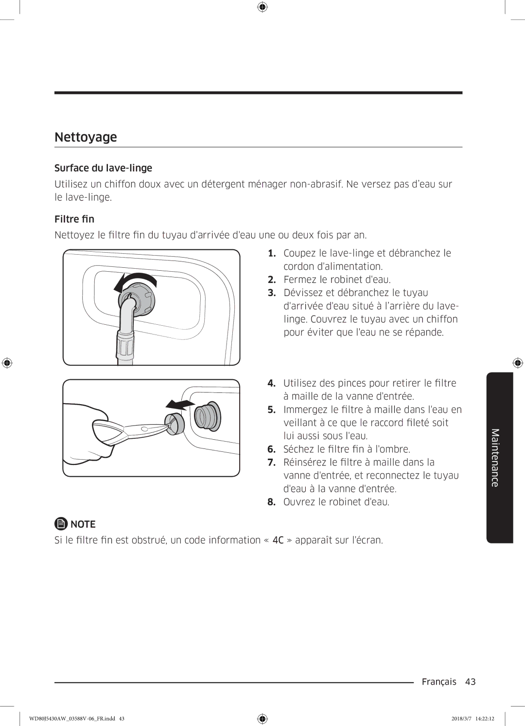 Samsung WD80J5430AW/EF manual Nettoyage 