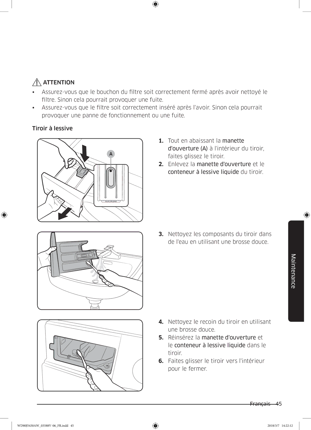 Samsung WD80J5430AW/EF manual Maintenance 