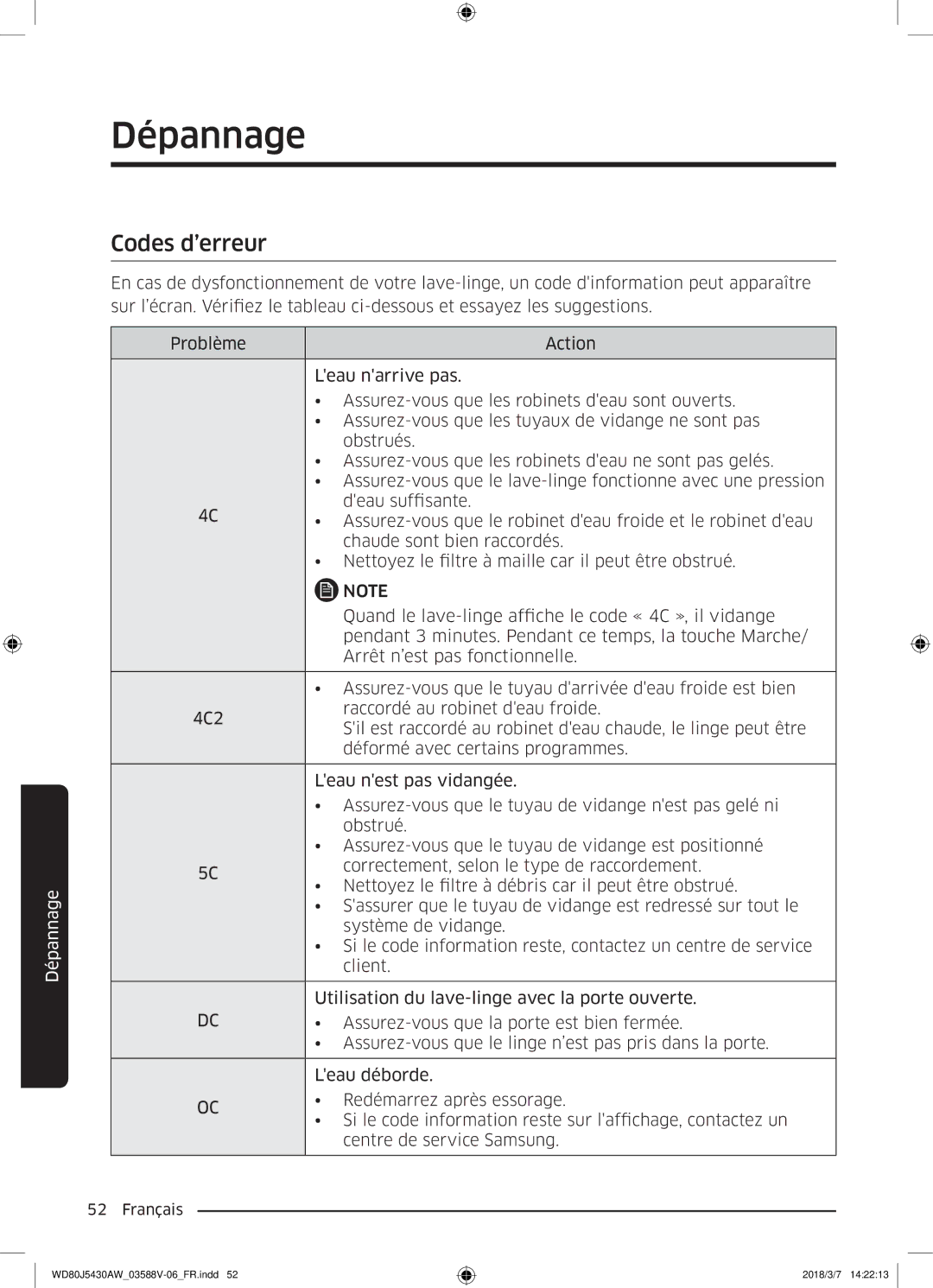 Samsung WD80J5430AW/EF manual Codes d’erreur 