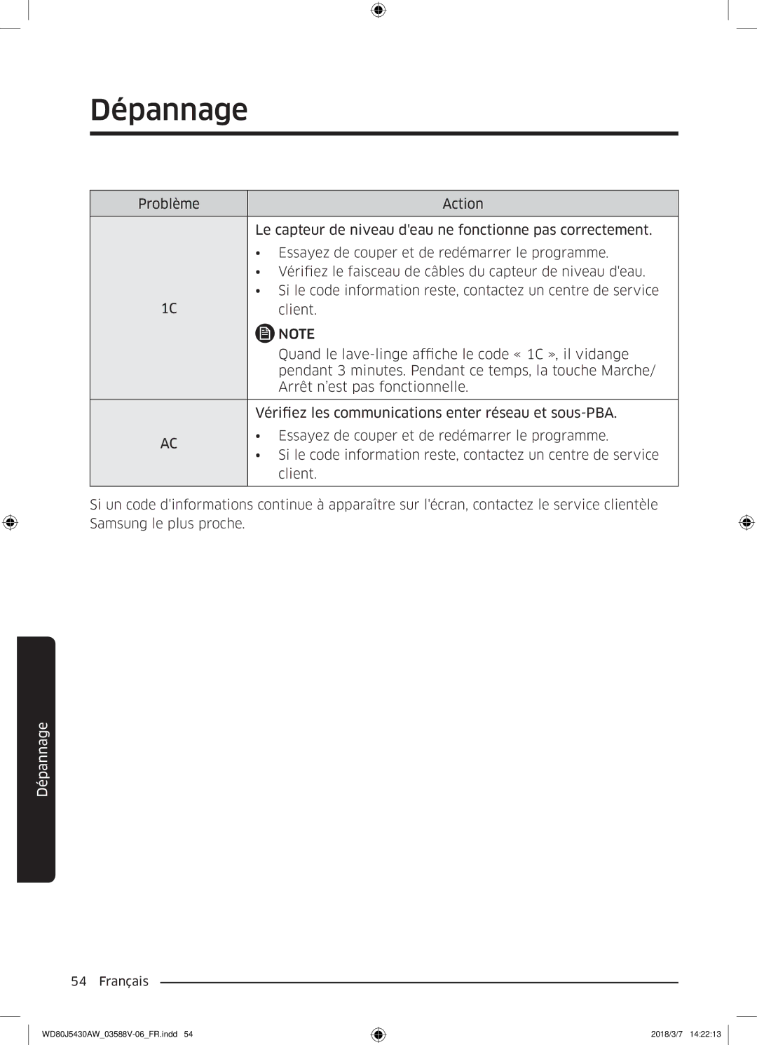 Samsung WD80J5430AW/EF manual Dépannage 