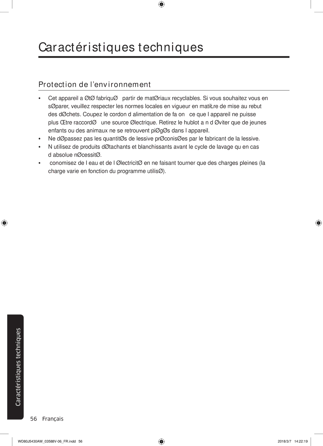 Samsung WD80J5430AW/EF manual Protection de l’environnement 