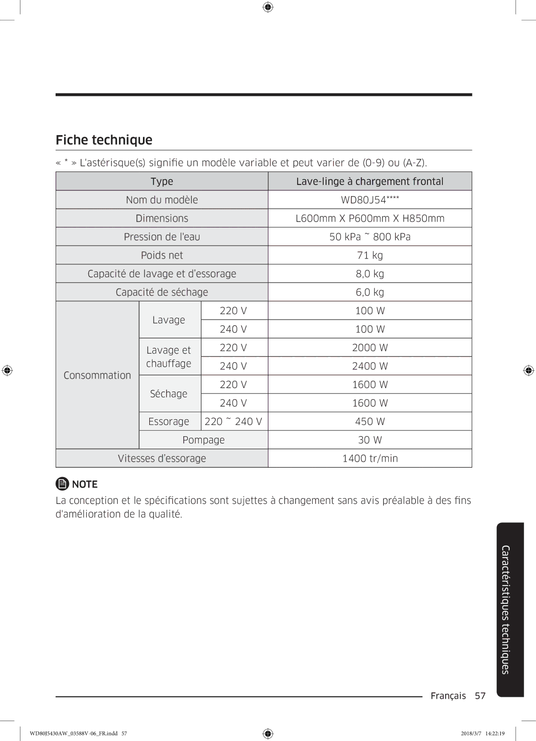 Samsung WD80J5430AW/EF manual Fiche technique 