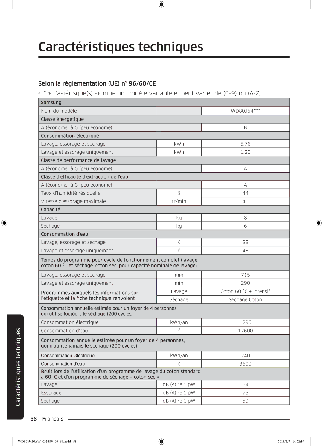 Samsung WD80J5430AW/EF manual Caractéristiques techniques 