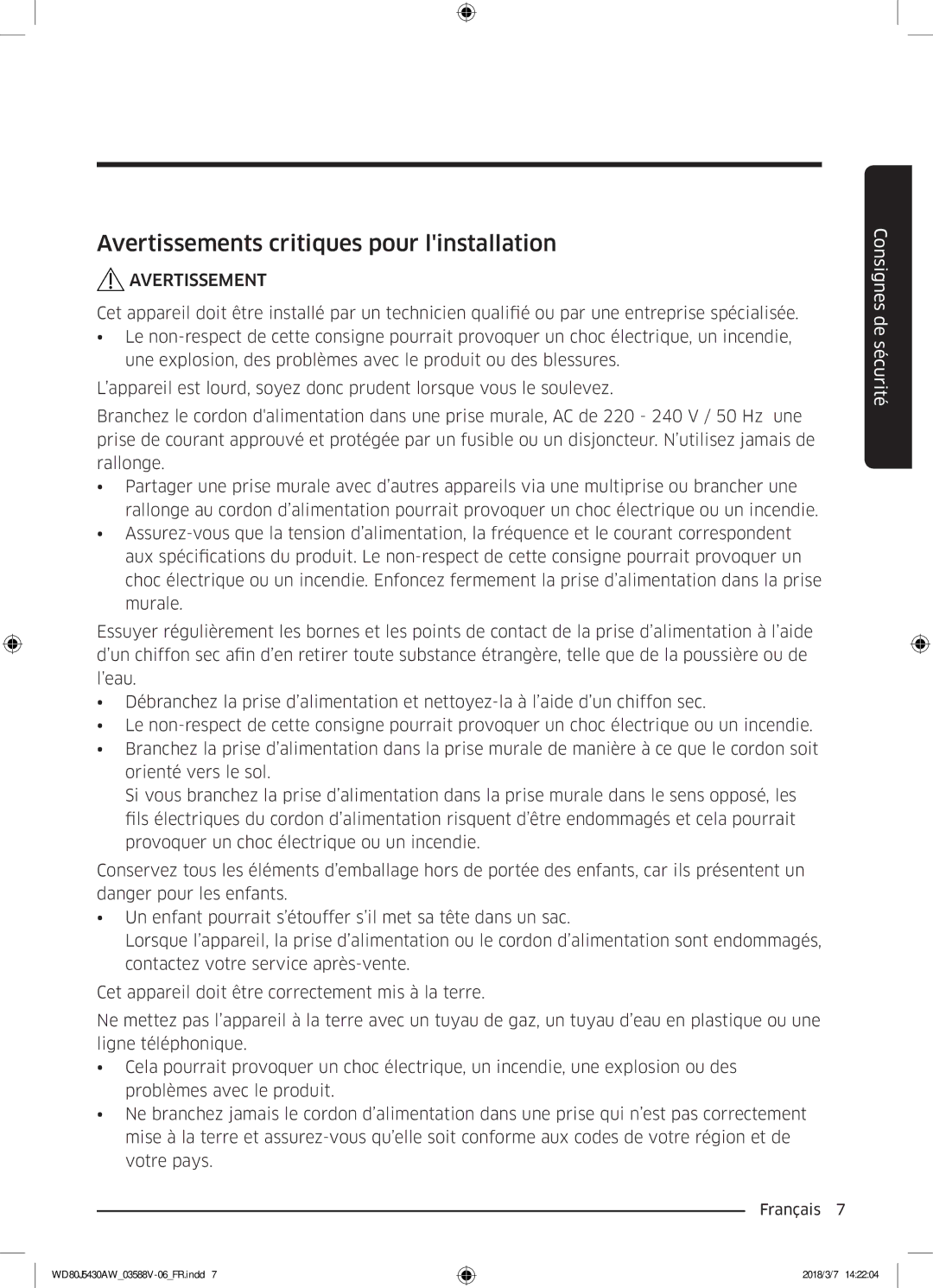 Samsung WD80J5430AW/EF manual Avertissements critiques pour linstallation 