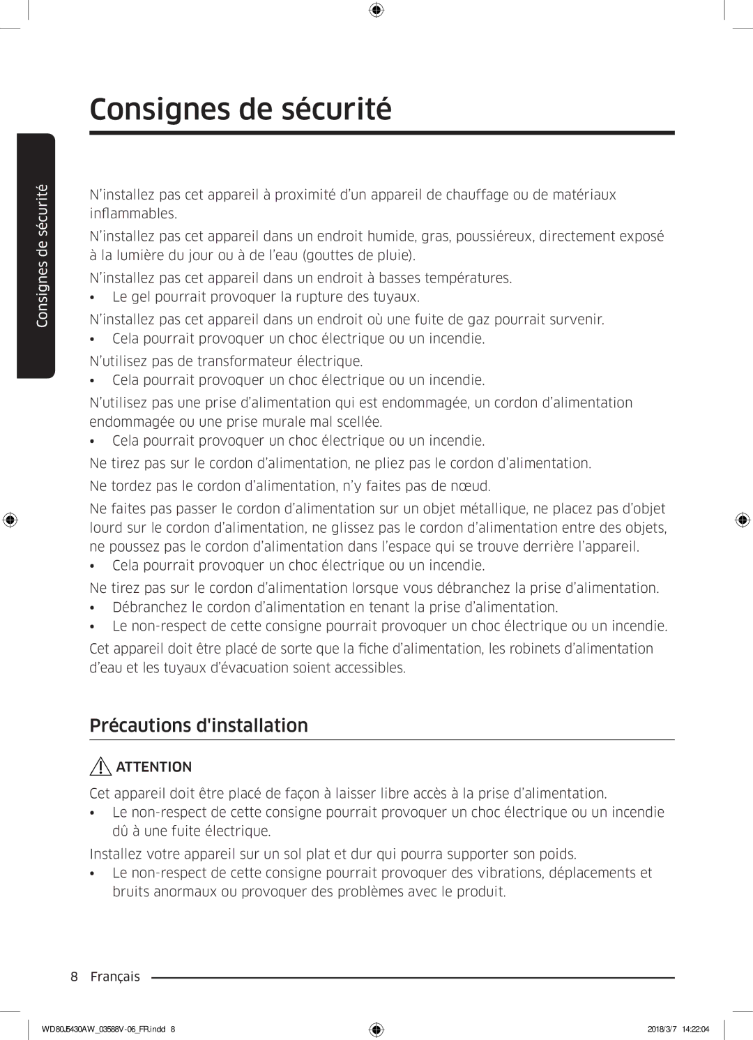 Samsung WD80J5430AW/EF manual Précautions dinstallation 