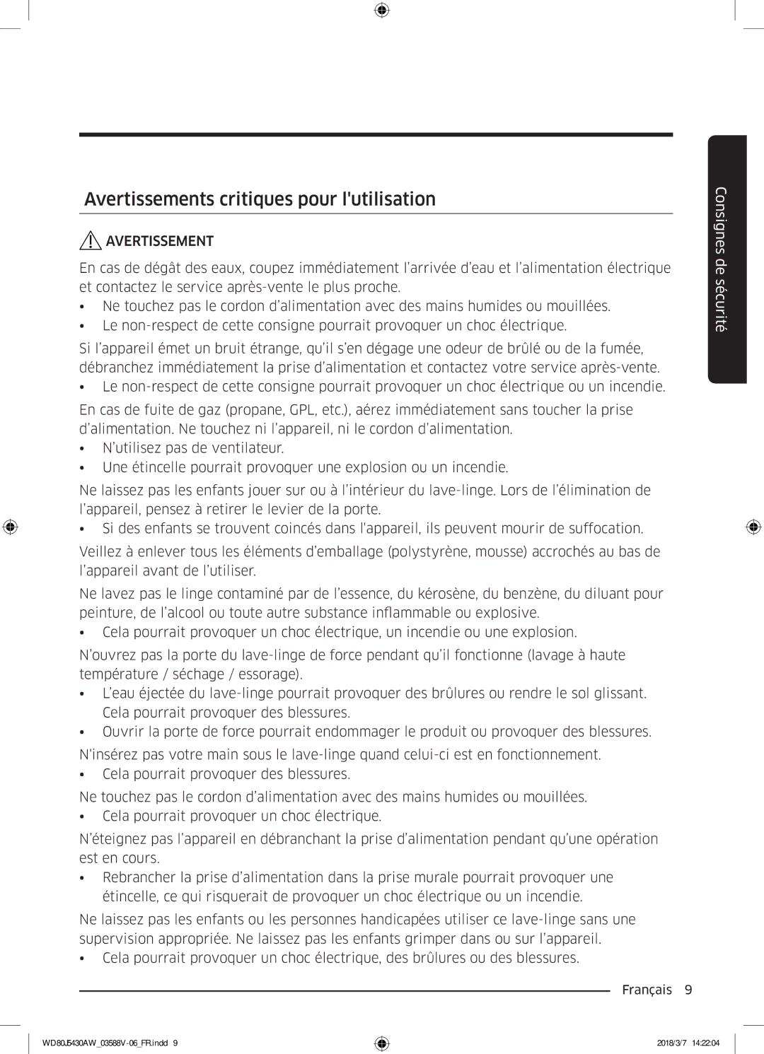 Samsung WD80J5430AW/EF manual Avertissements critiques pour lutilisation 