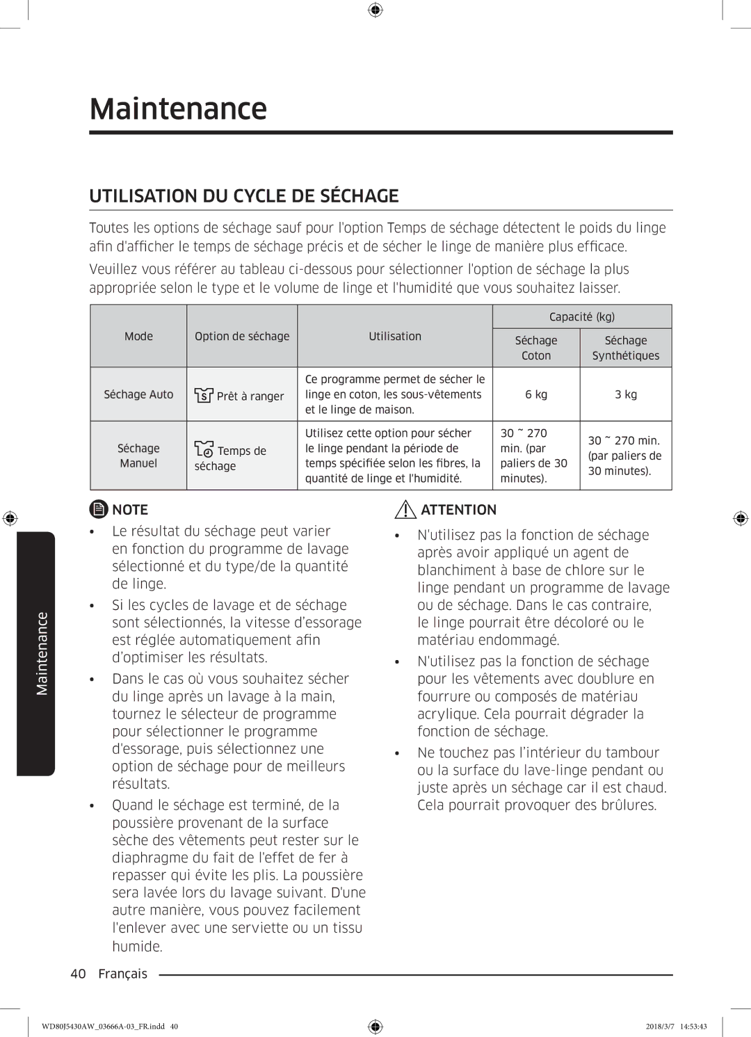 Samsung WD80J5430AW/WS manual Utilisation DU Cycle DE Séchage 