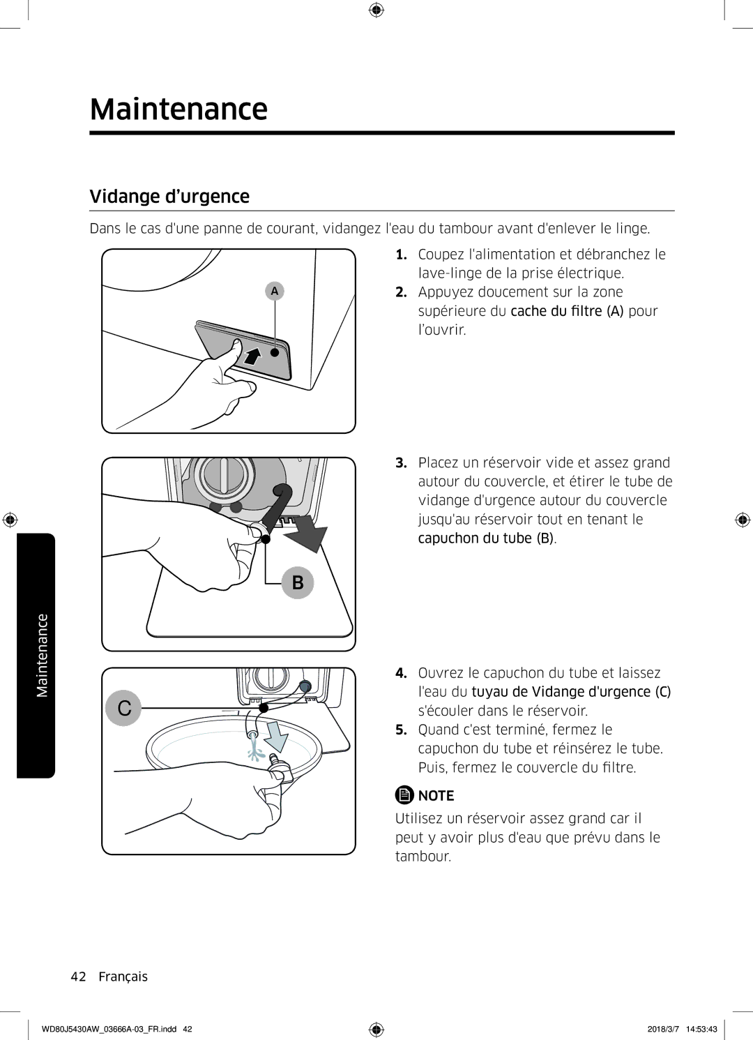 Samsung WD80J5430AW/WS manual Vidange d’urgence 