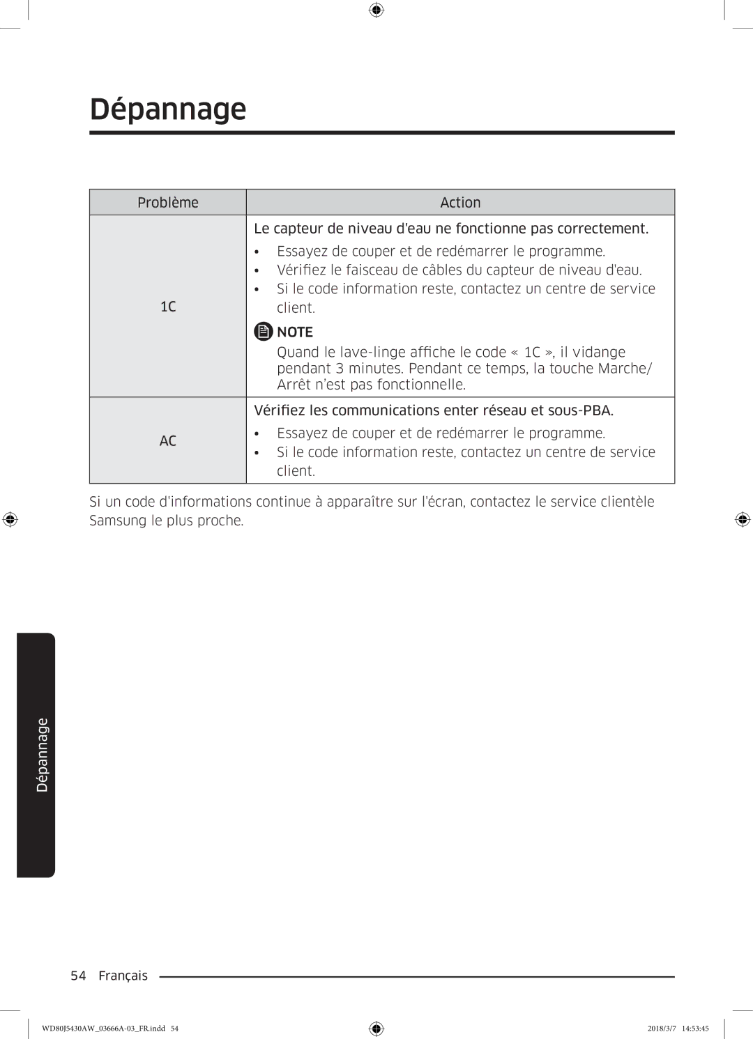 Samsung WD80J5430AW/WS manual Dépannage 