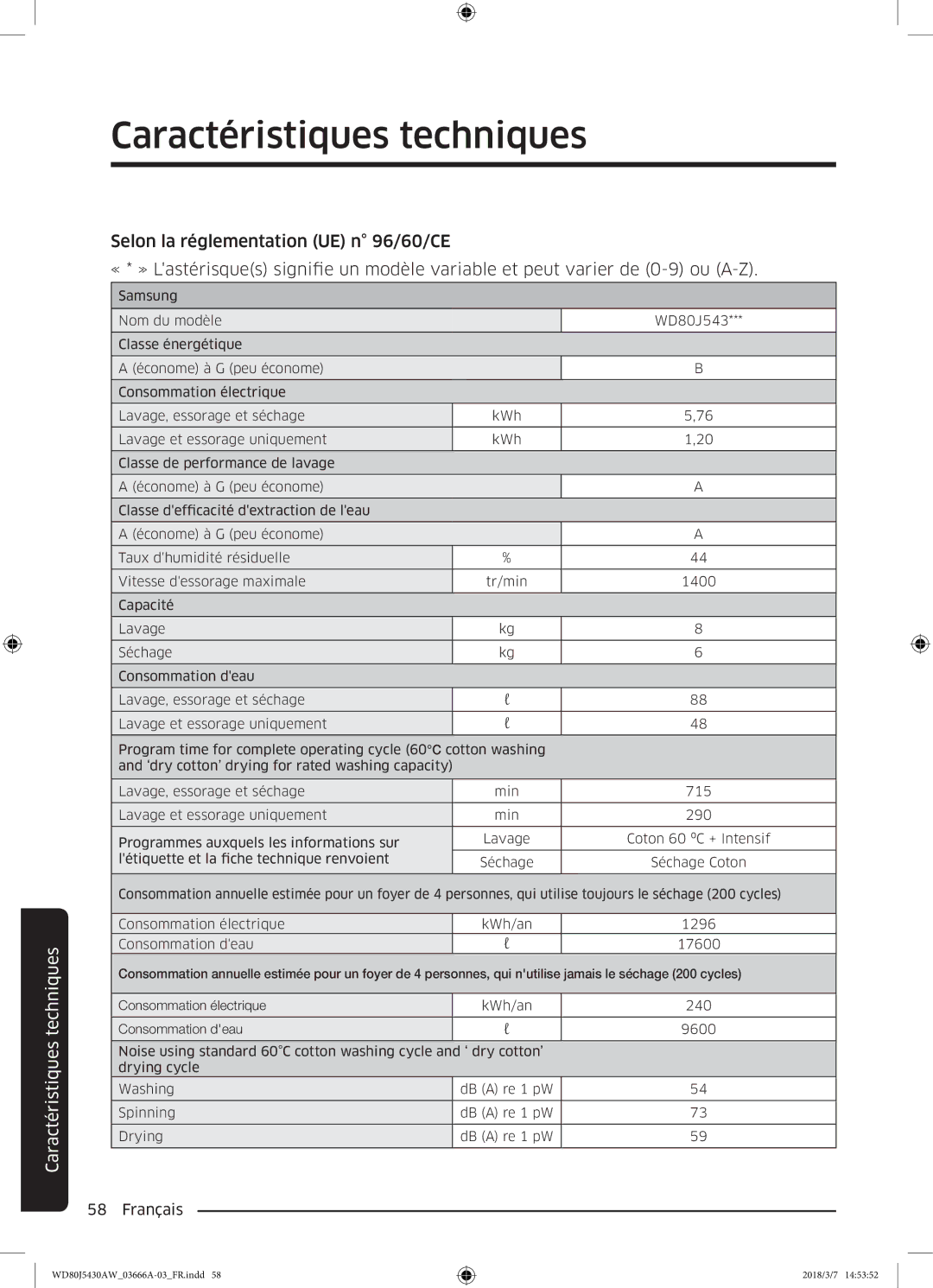 Samsung WD80J5430AW/WS manual Caractéristiques techniques 