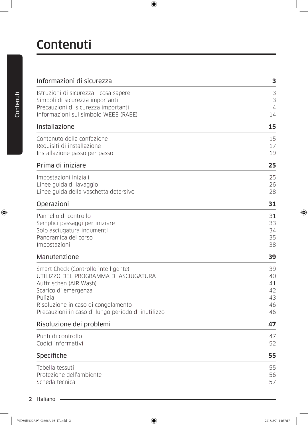 Samsung WD80J5430AW/WS manual Contenuti, Informazioni di sicurezza 