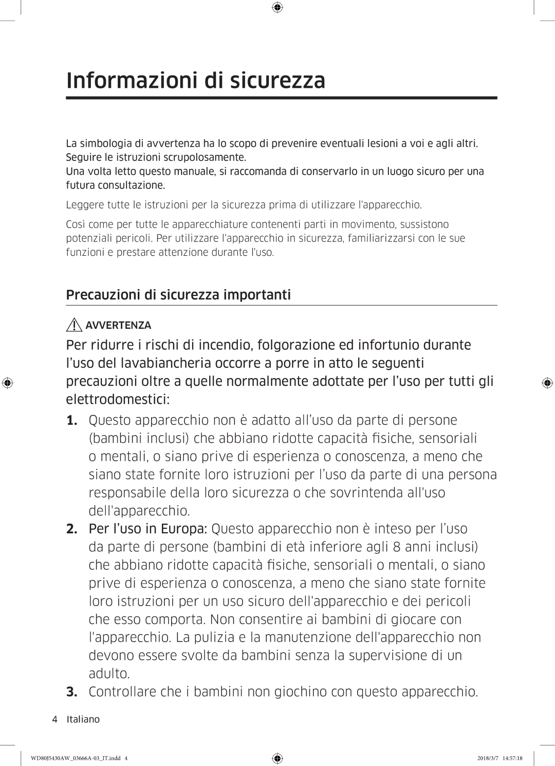 Samsung WD80J5430AW/WS manual Precauzioni di sicurezza importanti 