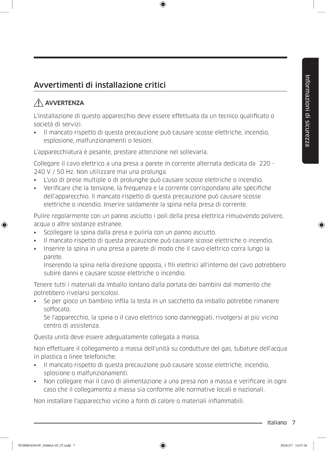 Samsung WD80J5430AW/WS manual Avvertimenti di installazione critici 