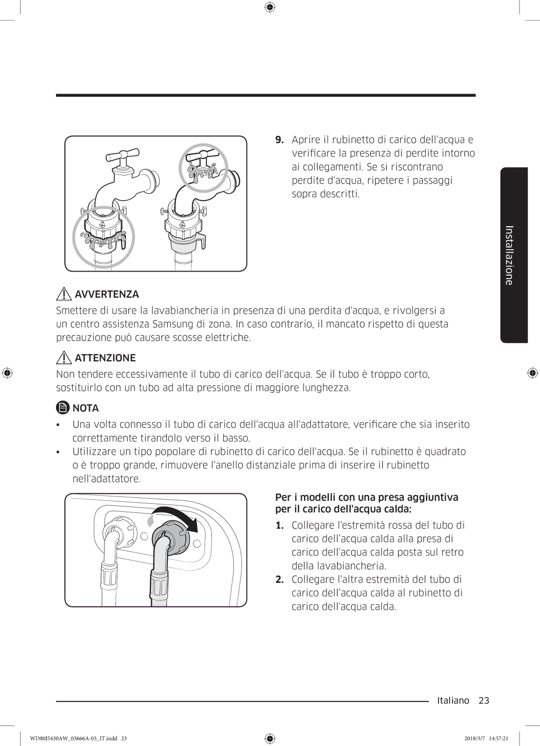 Samsung WD80J5430AW/WS manual Avvertenza 