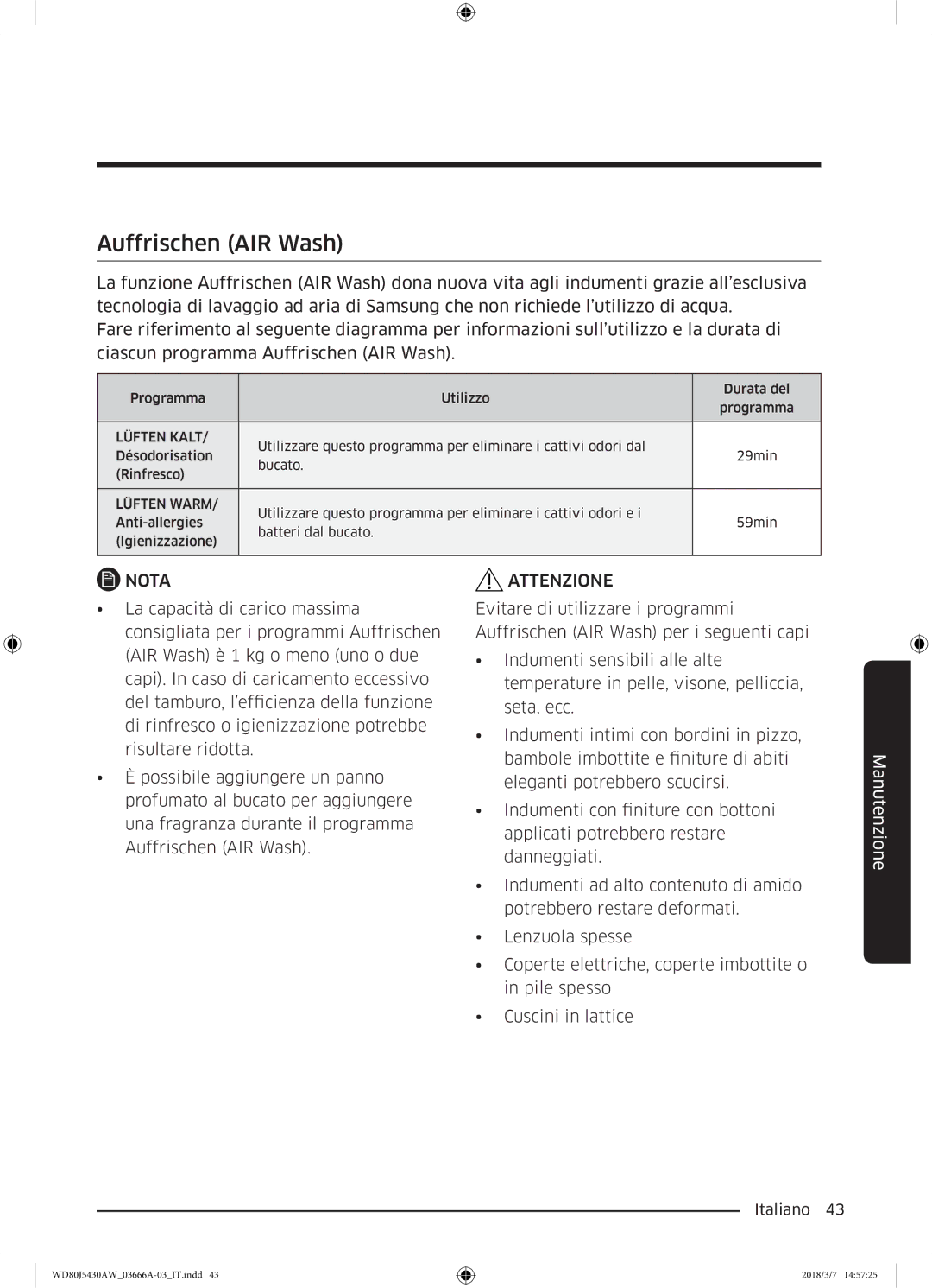 Samsung WD80J5430AW/WS manual Auffrischen AIR Wash, Lüften Kalt 