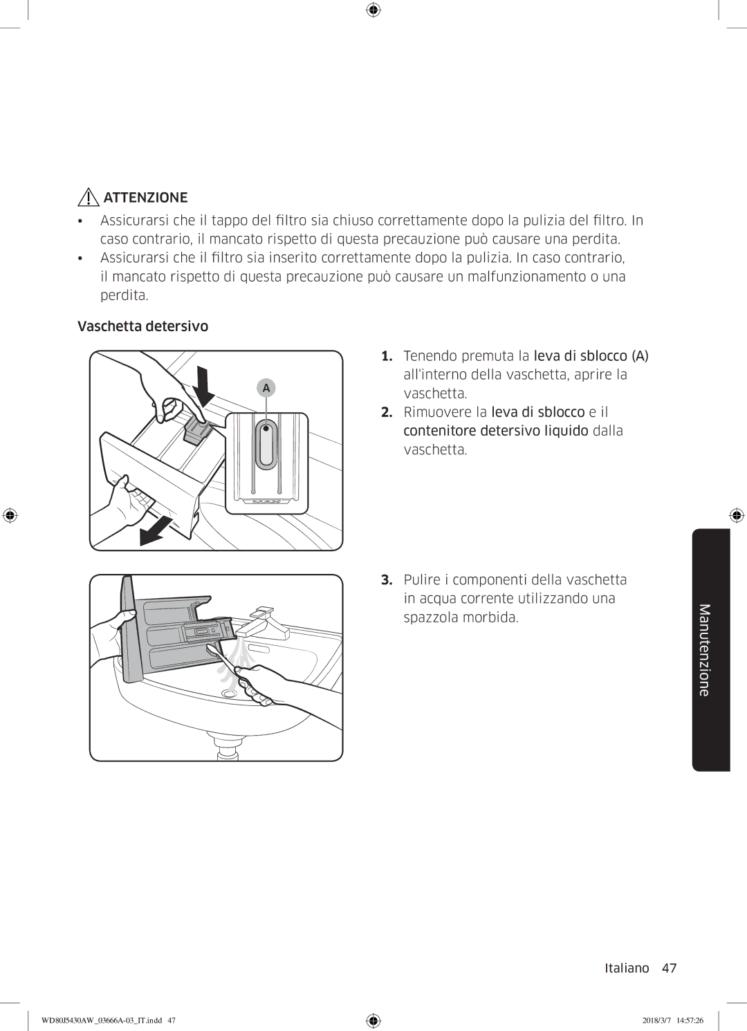 Samsung WD80J5430AW/WS manual Attenzione 