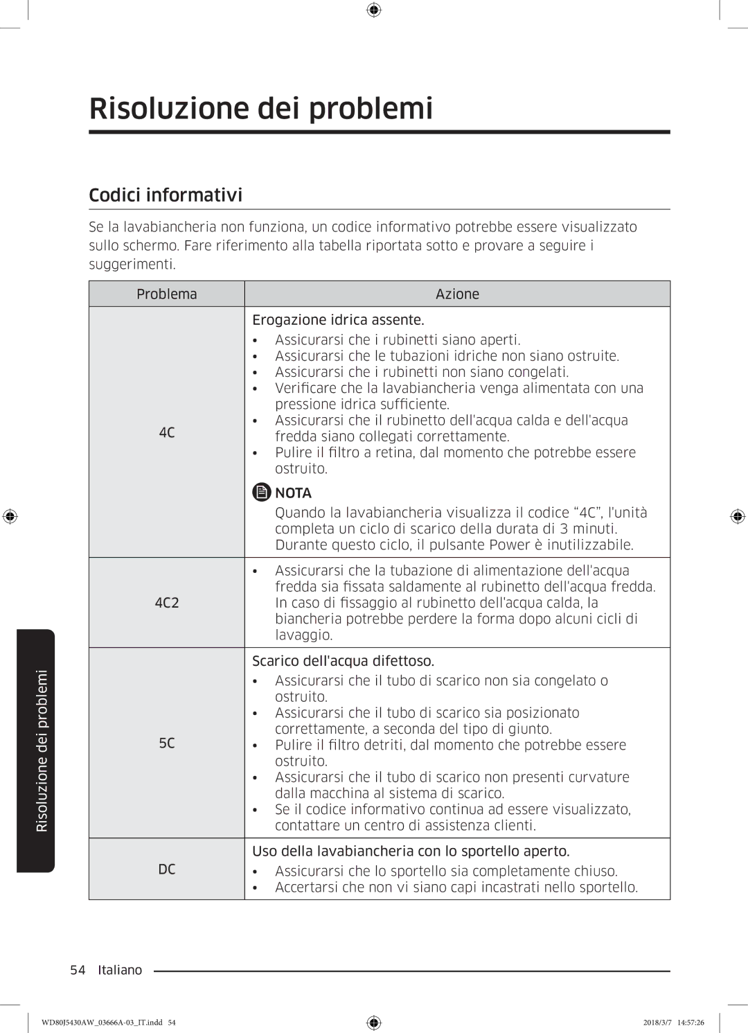 Samsung WD80J5430AW/WS manual Codici informativi 