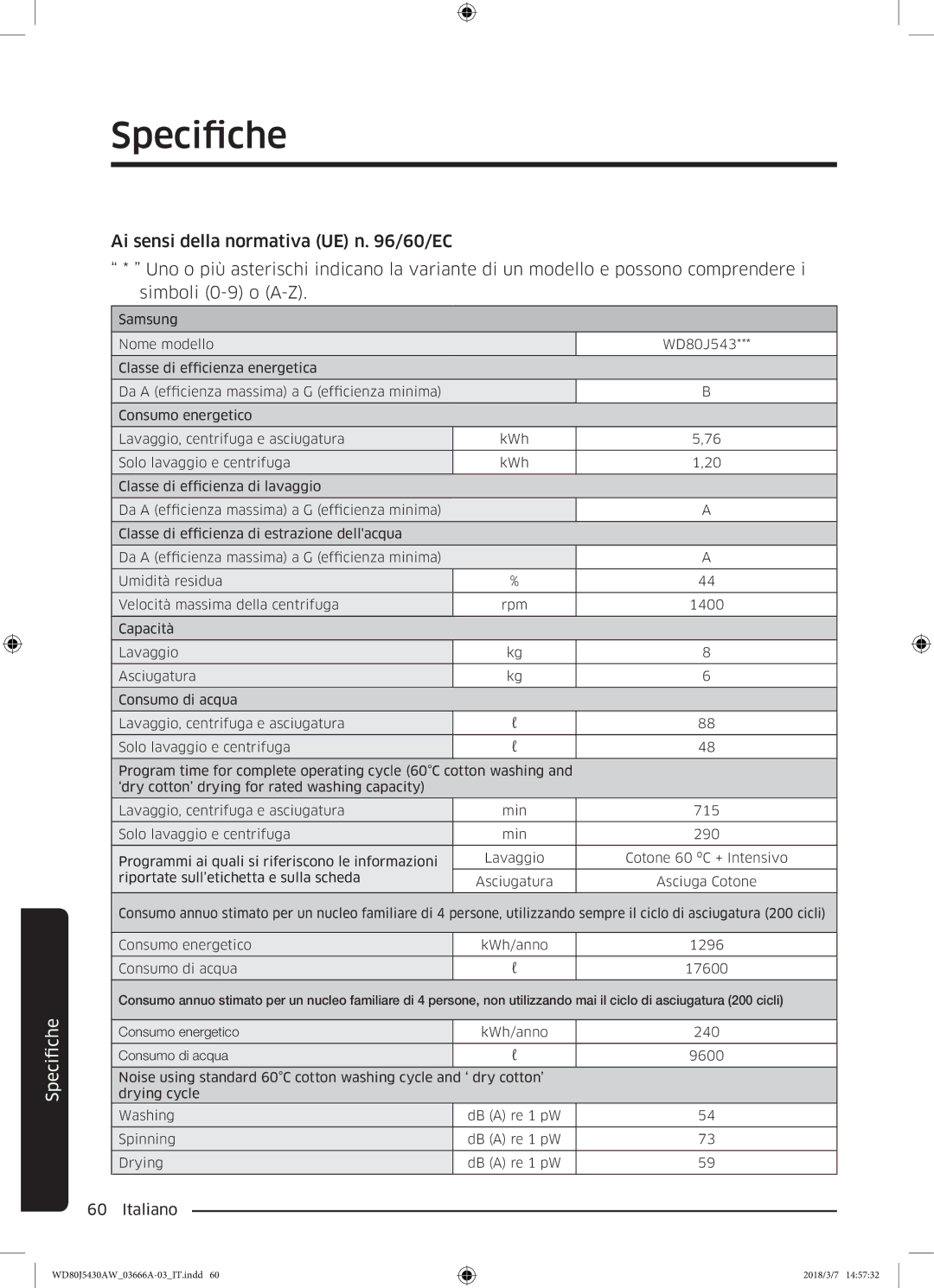 Samsung WD80J5430AW/WS manual Specifiche 