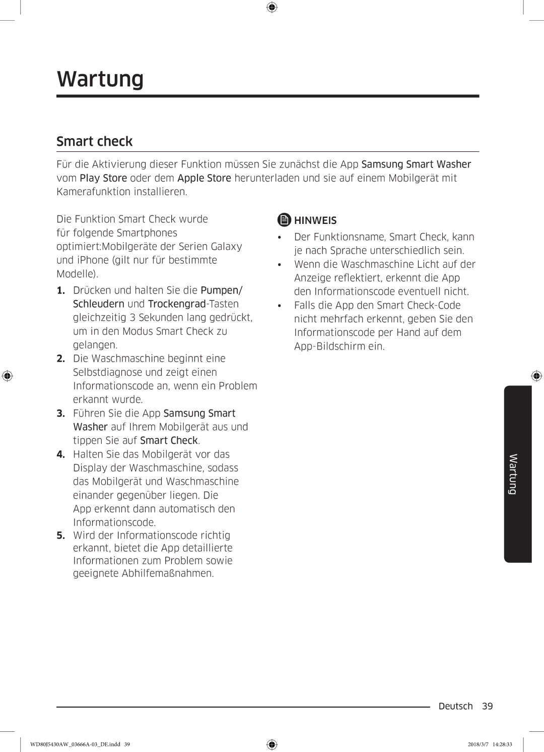 Samsung WD80J5430AW/WS manual Wartung, Smart check 