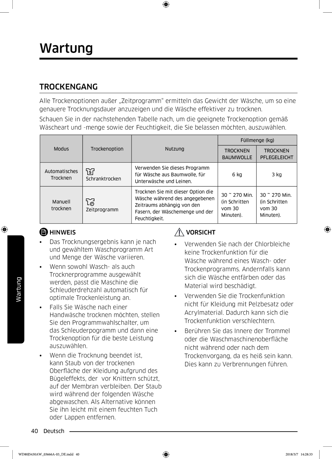 Samsung WD80J5430AW/WS manual Trockengang 