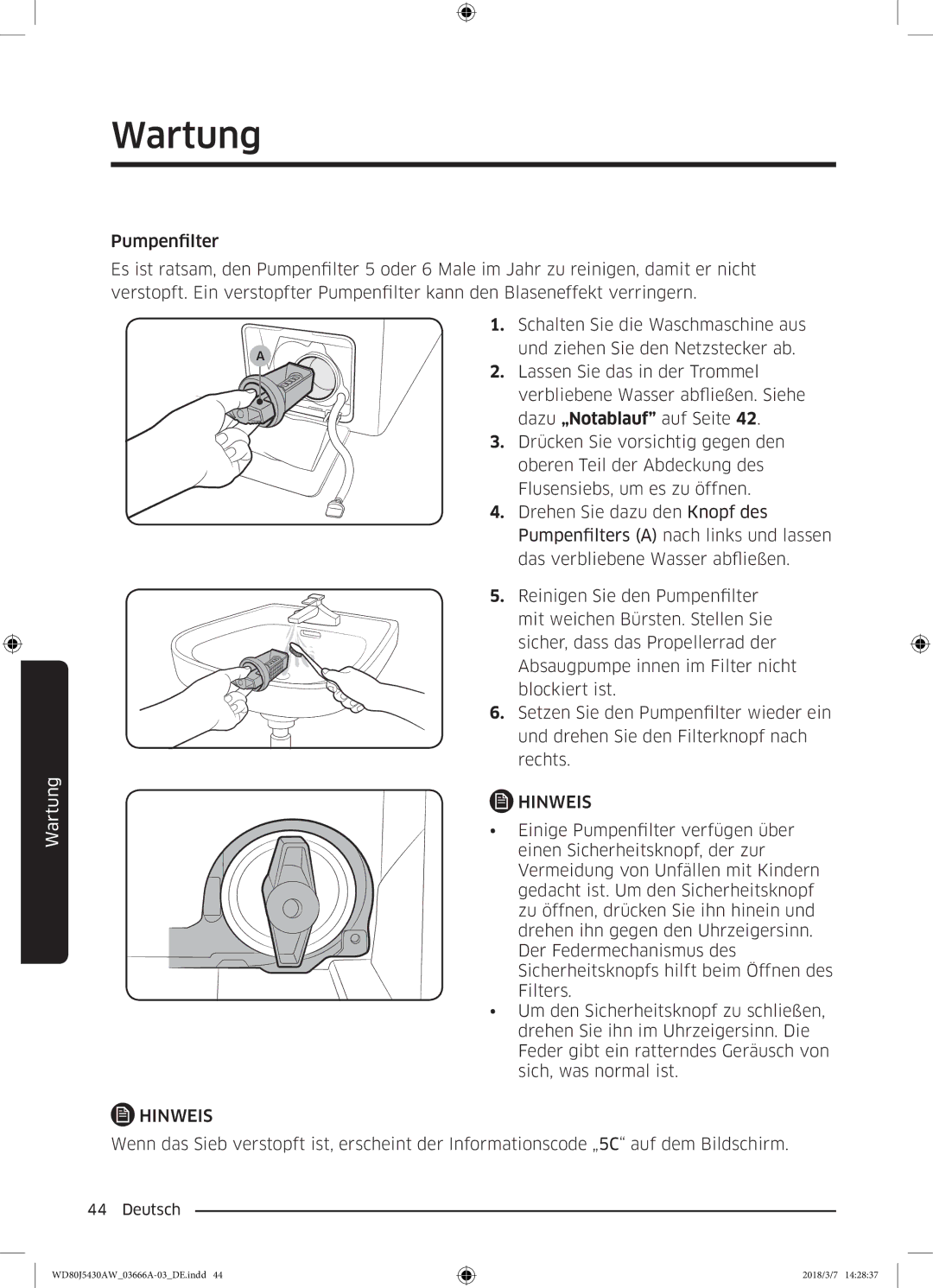 Samsung WD80J5430AW/WS manual Wartung 