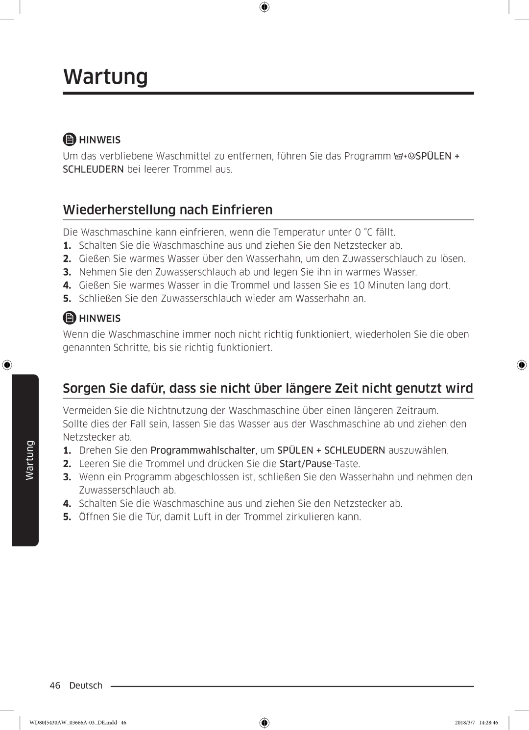 Samsung WD80J5430AW/WS manual Wiederherstellung nach Einfrieren 