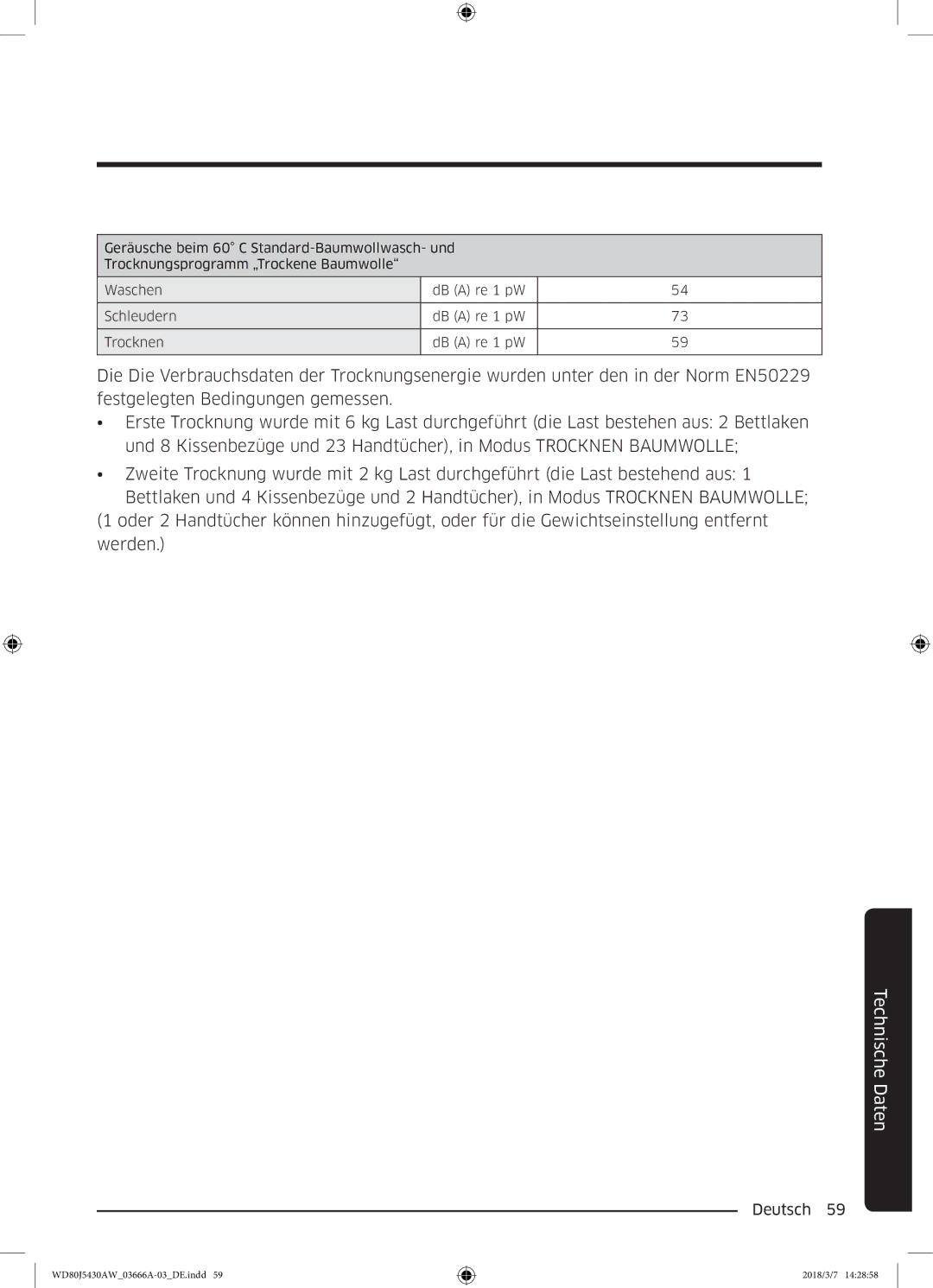 Samsung WD80J5430AW/WS manual Technische Daten 