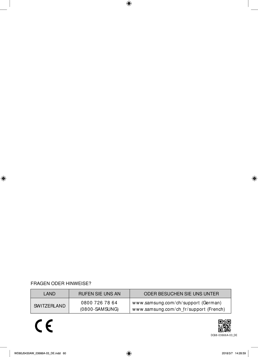 Samsung WD80J5430AW/WS manual 0800 726 78 Samsung 