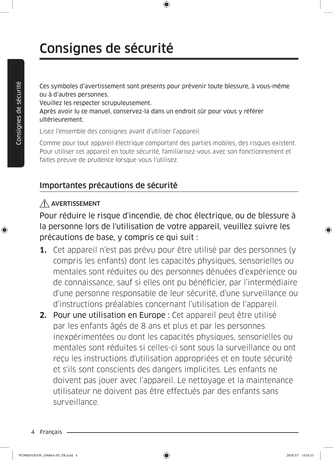 Samsung WD80J5430AW/WS manual Importantes précautions de sécurité 