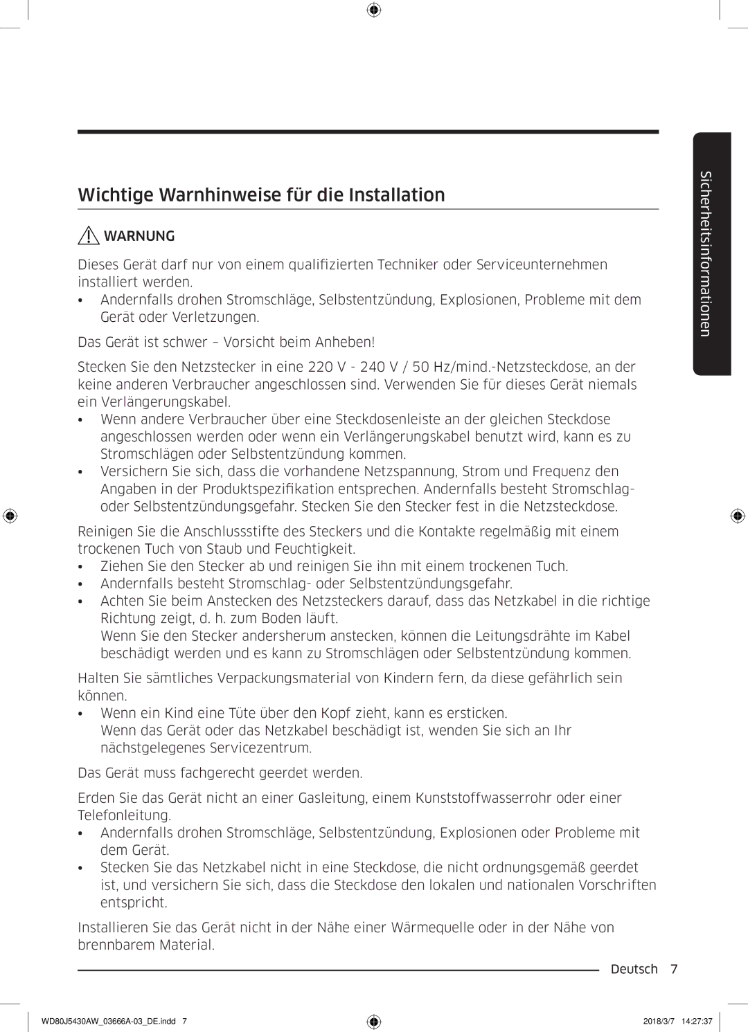 Samsung WD80J5430AW/WS manual Wichtige Warnhinweise für die Installation 