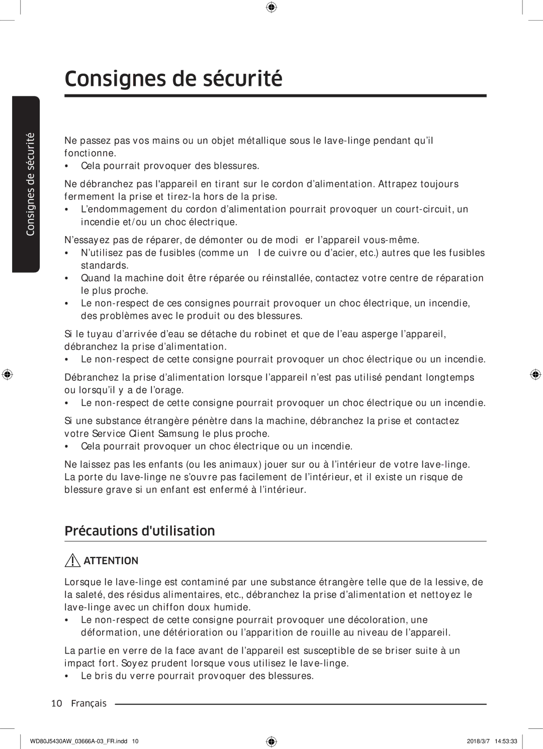 Samsung WD80J5430AW/WS manual Précautions dutilisation 