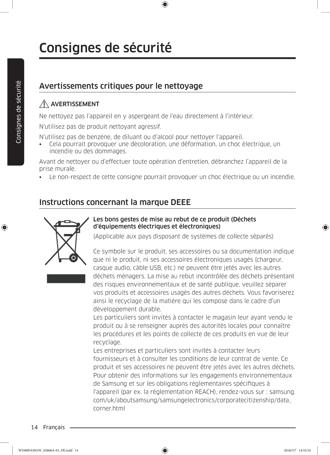 Samsung WD80J5430AW/WS manual Avertissements critiques pour le nettoyage, Instructions concernant la marque Deee 