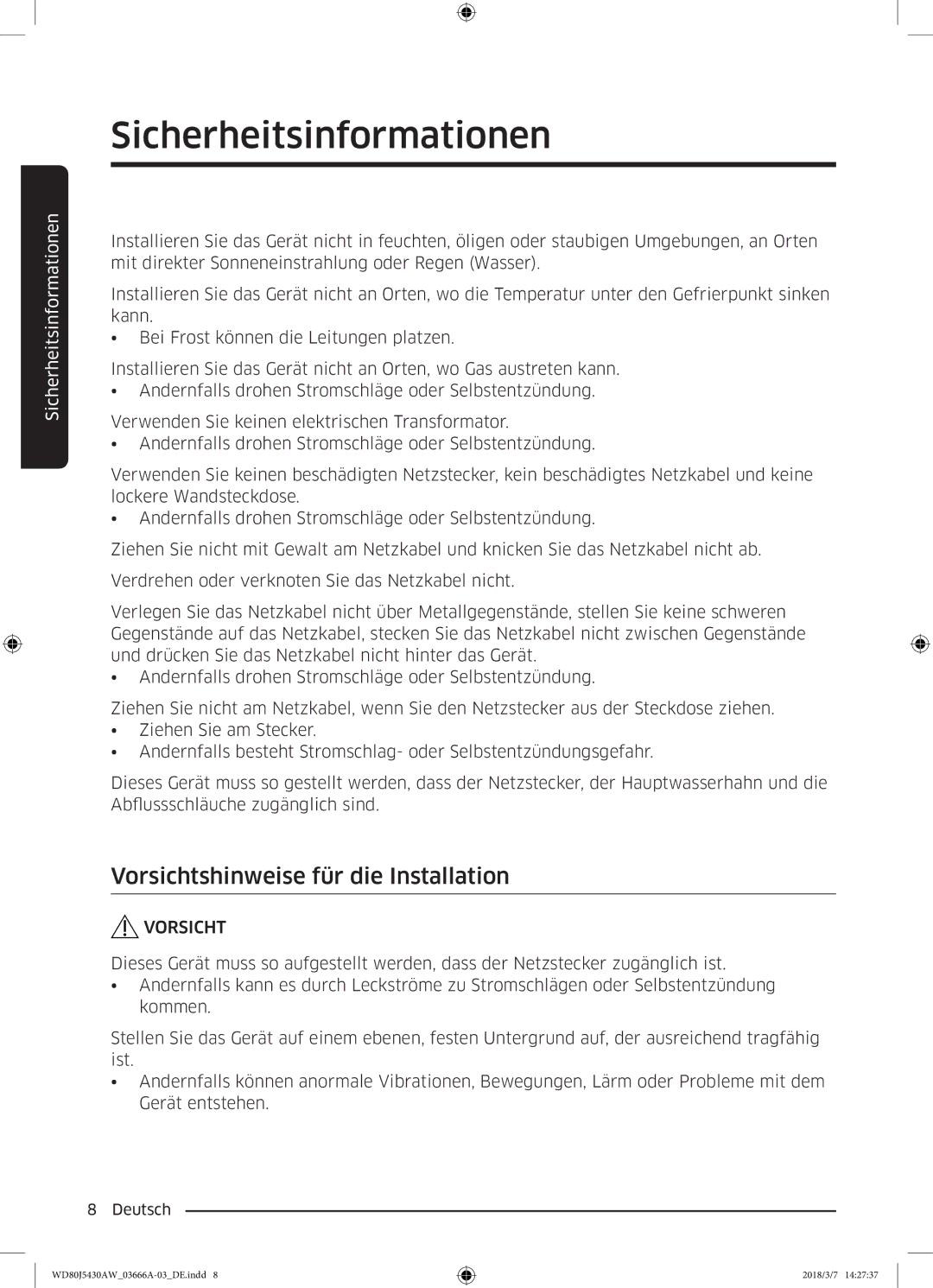 Samsung WD80J5430AW/WS manual Vorsichtshinweise für die Installation 