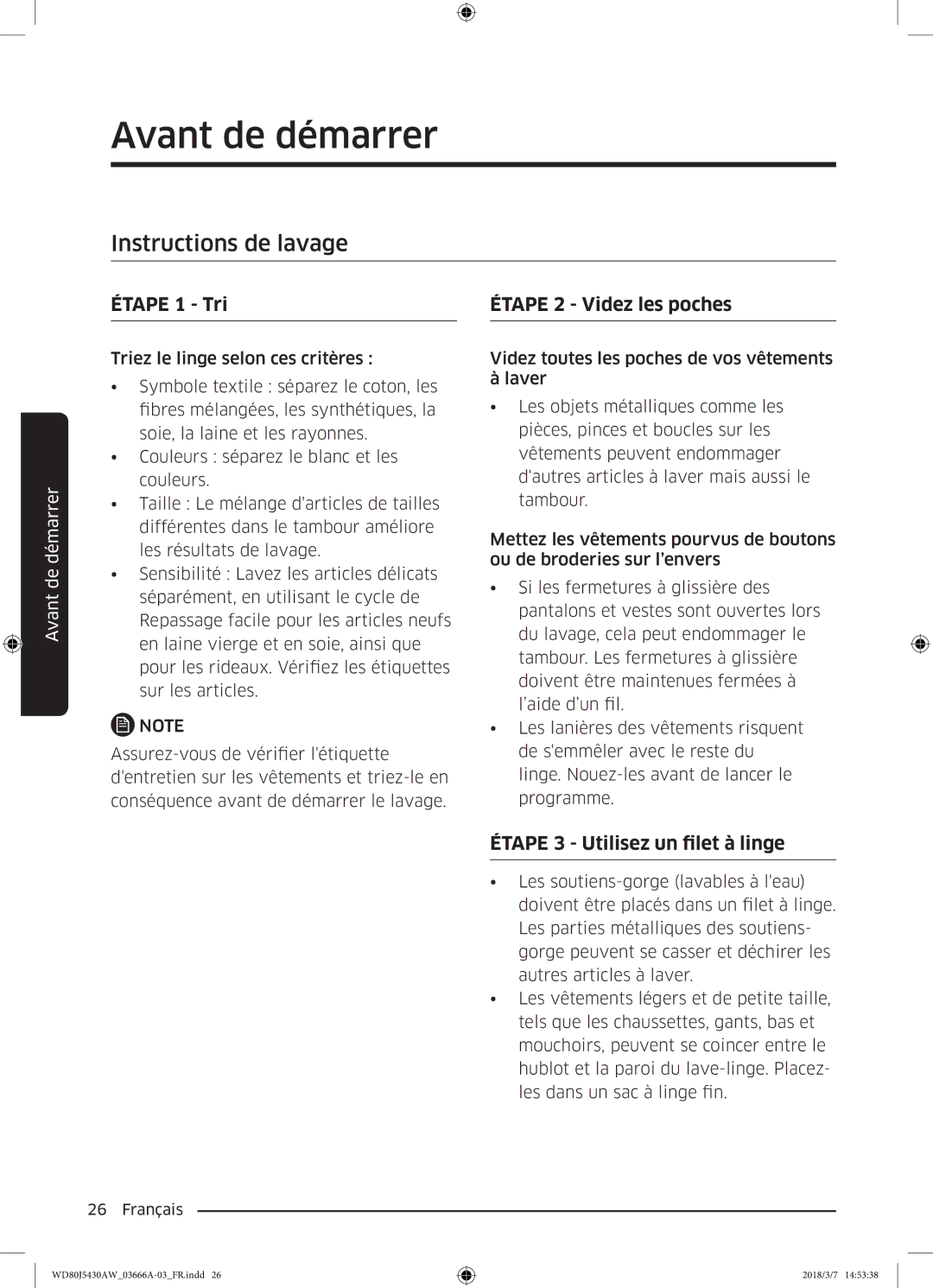 Samsung WD80J5430AW/WS Instructions de lavage, Étape 1 Tri, Étape 2 Videz les poches, Étape 3 Utilisez un filet à linge 